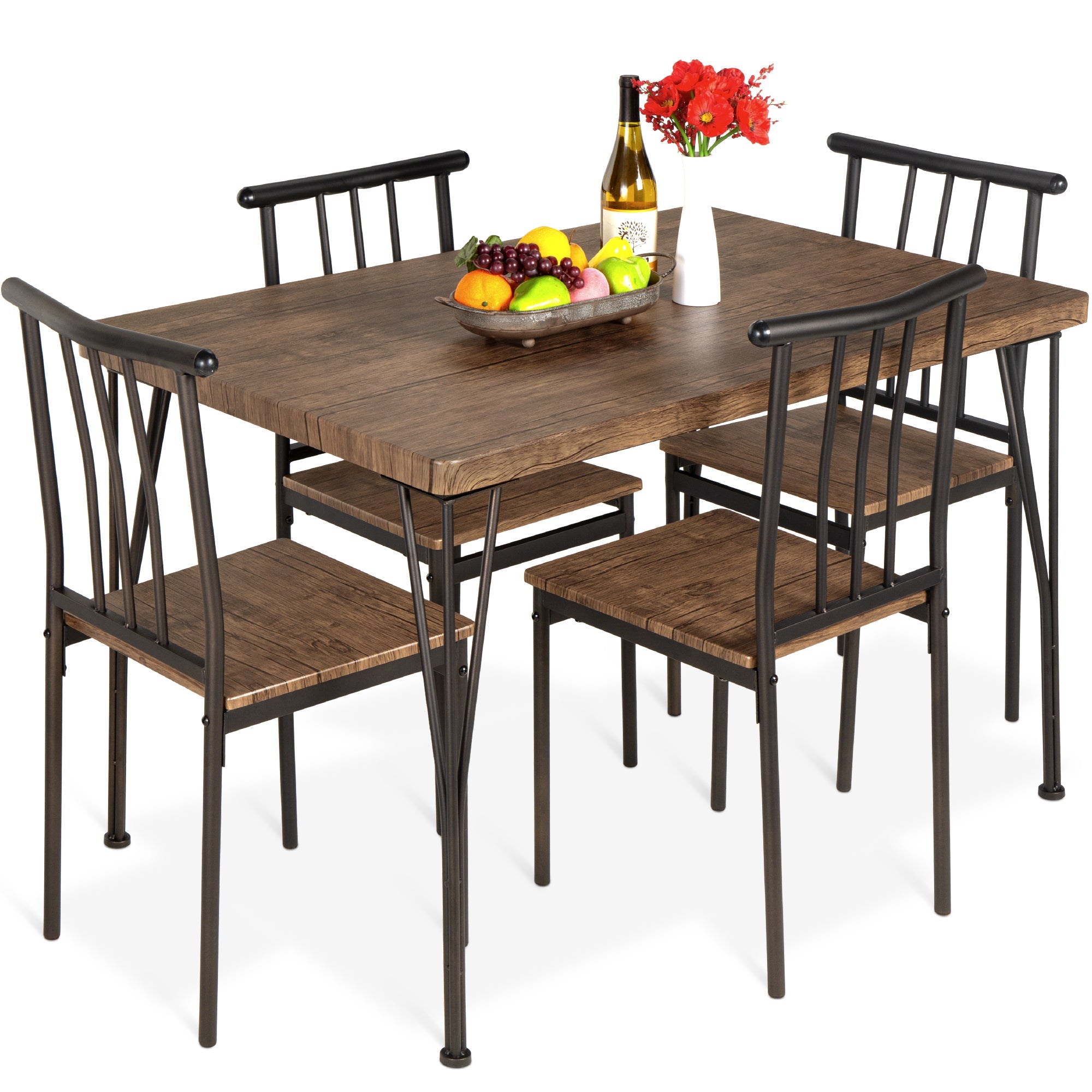 5-Piece Modern Metal and Wood Dining Table Furniture Set w/ 4 Chairs - Drift Brown