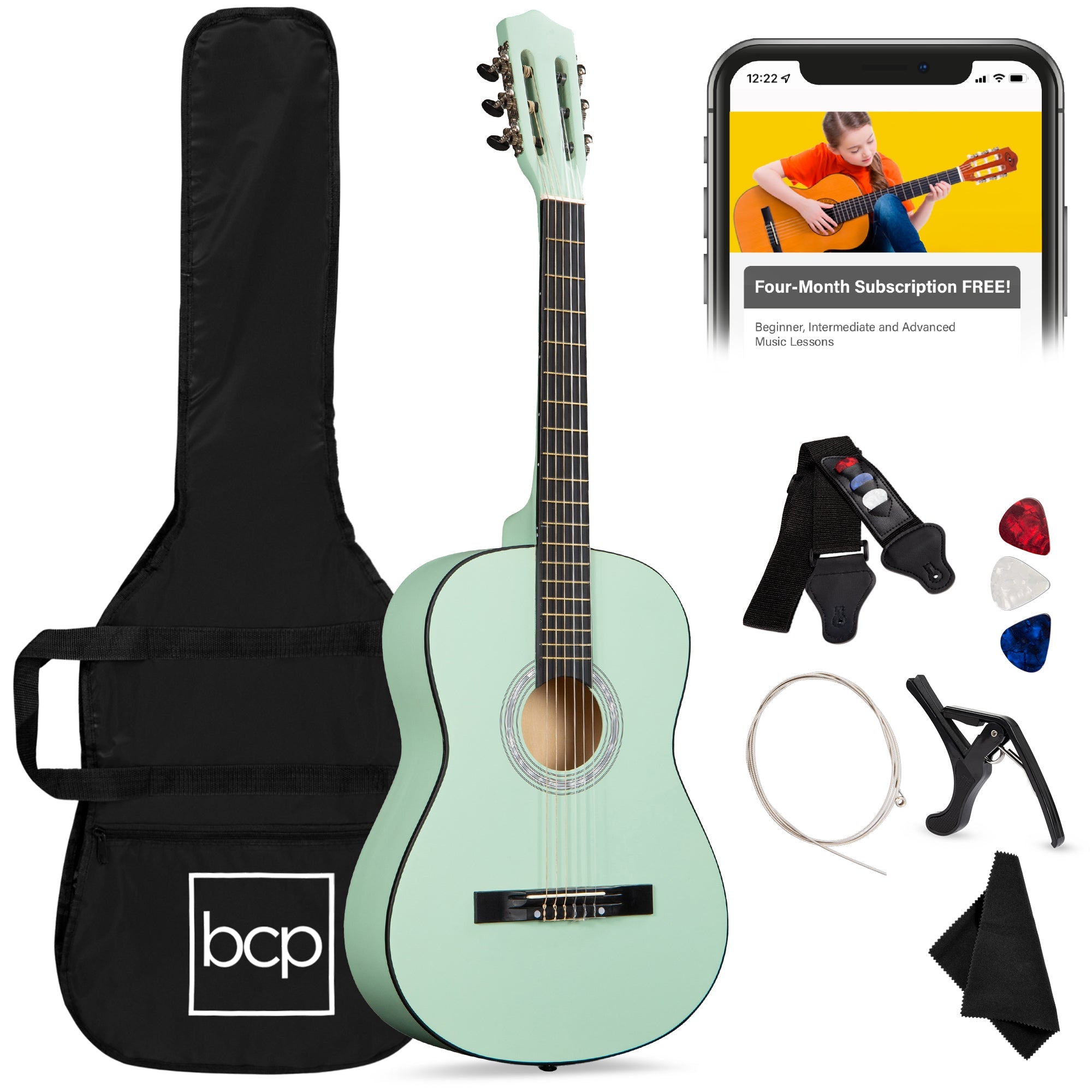 Beginner Acoustic Guitar Set w/ Case, Strap, Extra Strings - 38in - SoCal Green