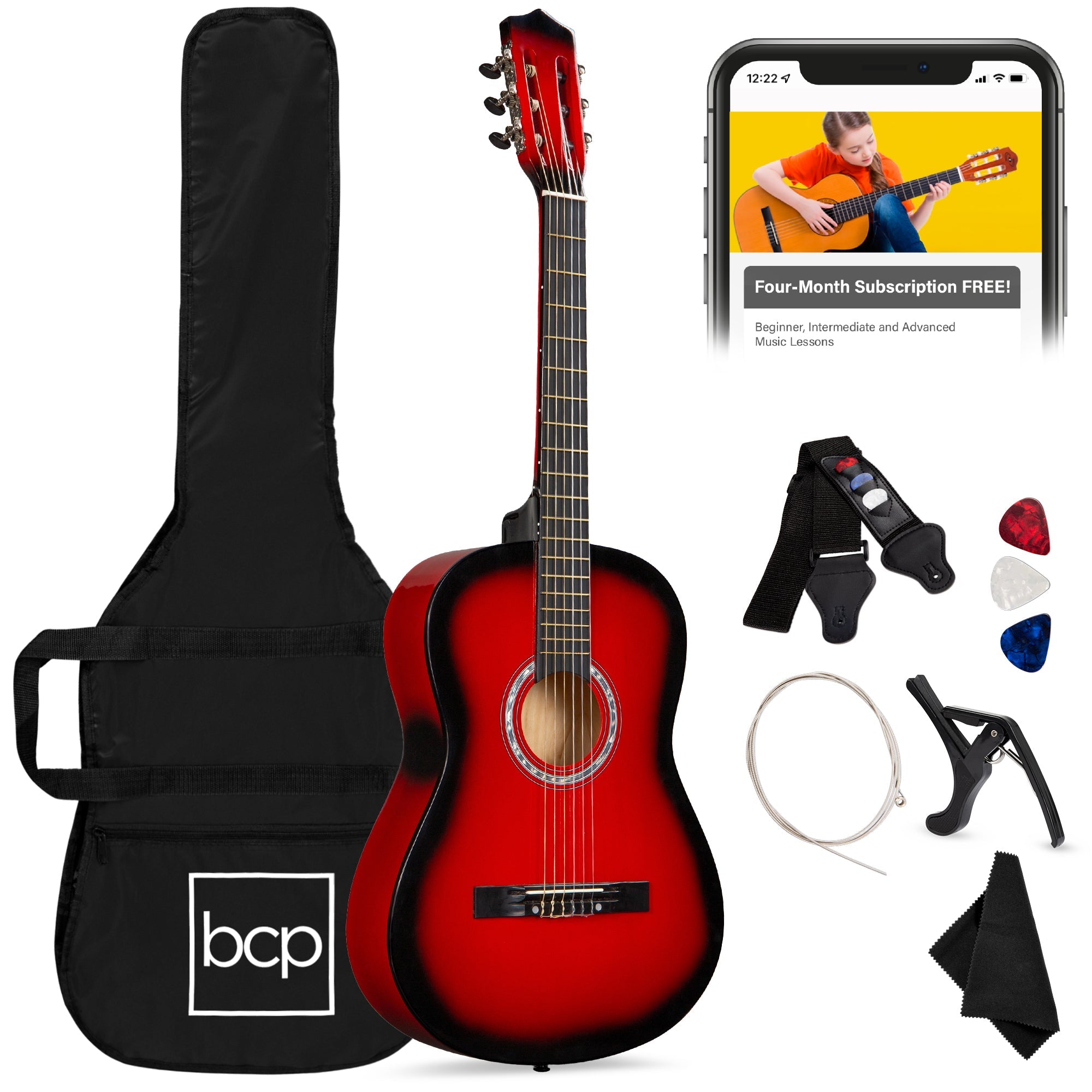 Beginner Acoustic Guitar Set w/ Case, Strap, Extra Strings - 38in - Redburst