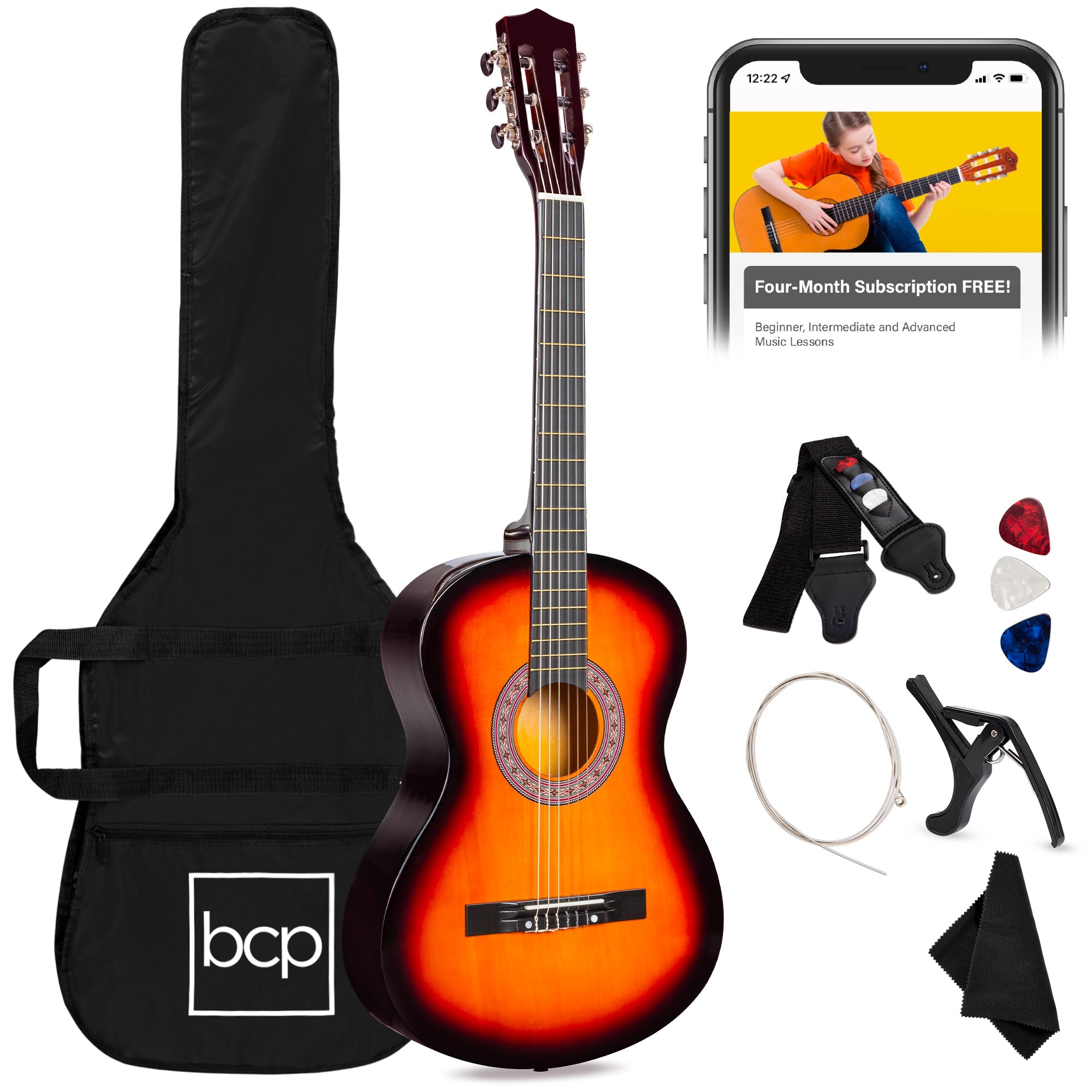 Beginner Acoustic Guitar Set w/ Case, Strap, Extra Strings - 38in - Sunburst