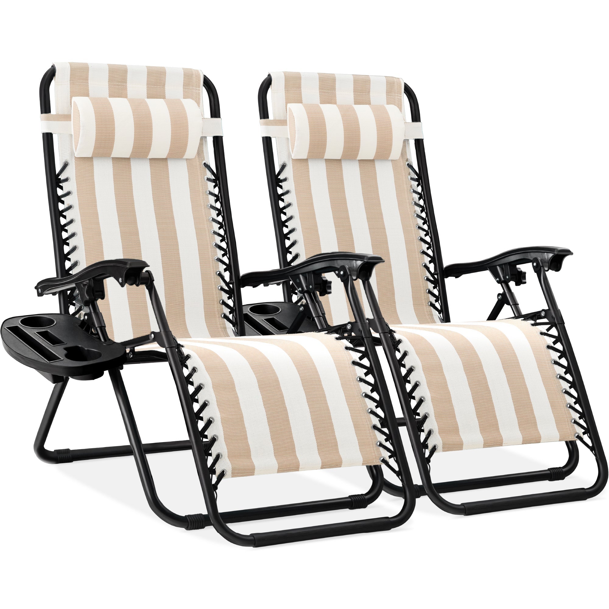Set of 2 Adjustable Zero Gravity Patio Chair Recliners w/ Cup Holders - Tan Striped