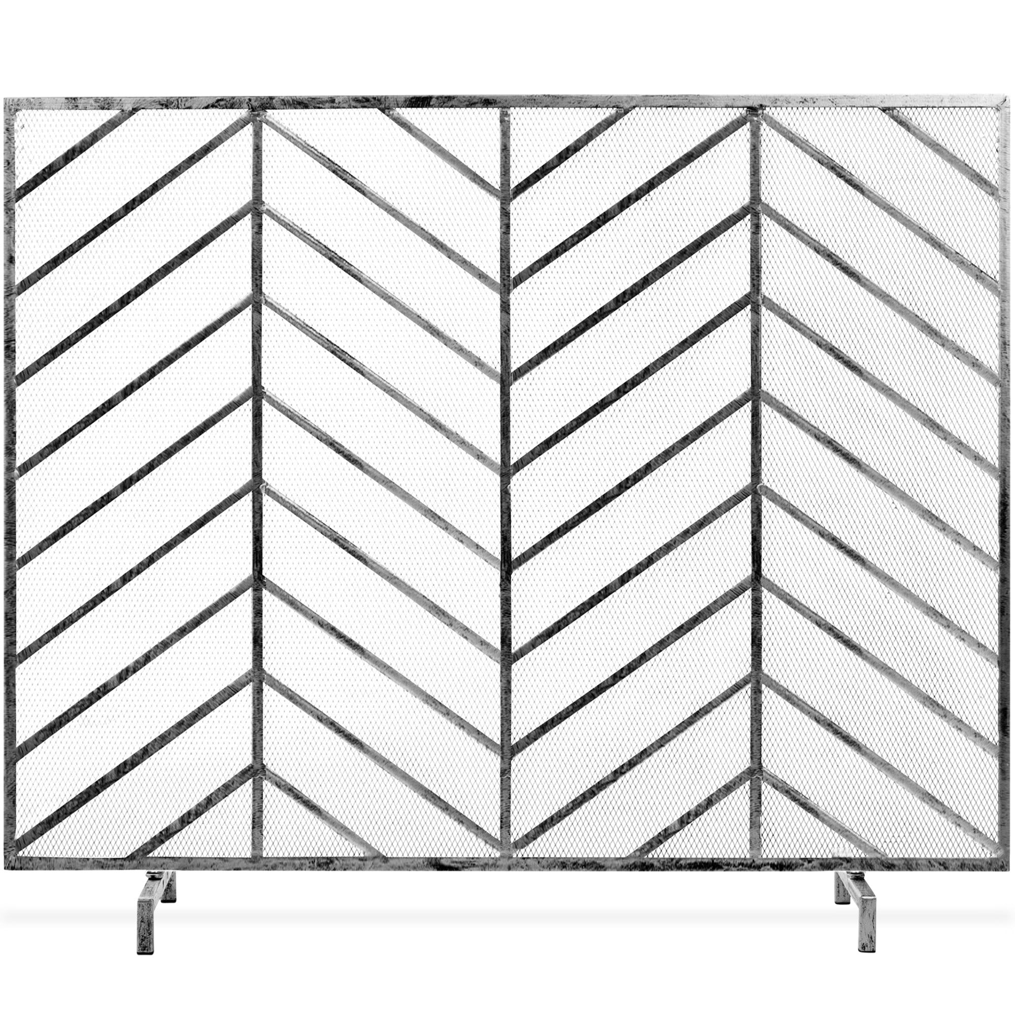 Single Panel Iron Chevron Fireplace Screen w/ Antique Finish - 38x31in - Pewter