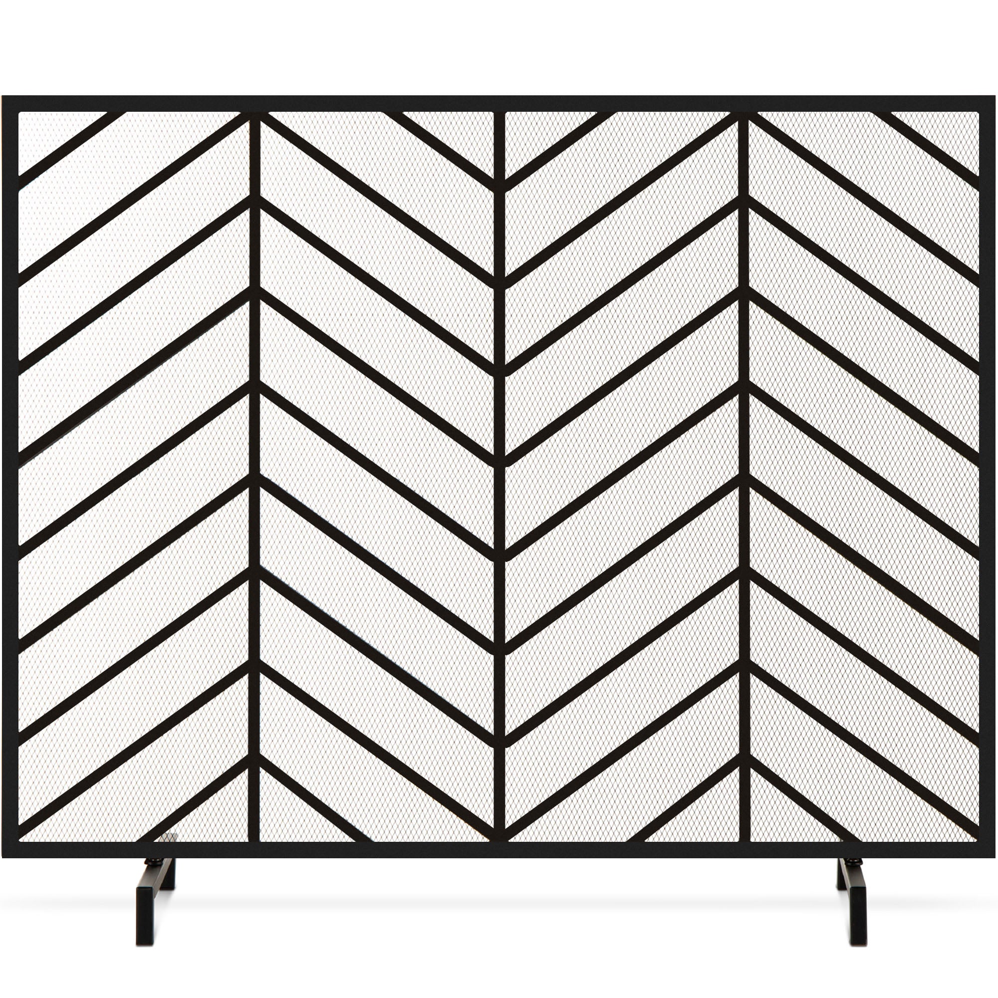 Single Panel Iron Chevron Fireplace Screen w/ Antique Finish - 38x31in - Satin Black