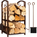 5-Piece Firewood Log Rack Holder Tools Set w/ Hook, Broom, Shovel, Tongs - Copper