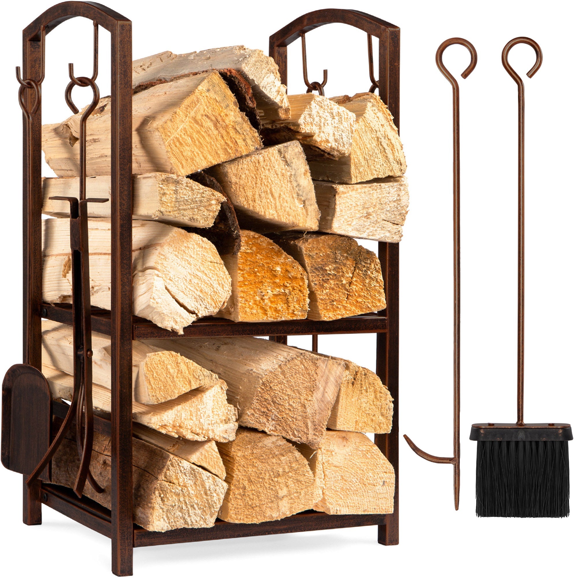 5-Piece Firewood Log Rack Holder Tools Set w/ Hook, Broom, Shovel, Tongs - Copper