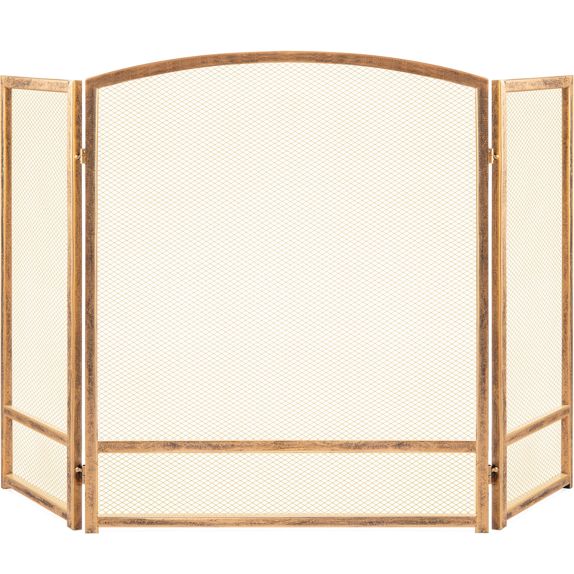 3-Panel Simple Steel Mesh Fireplace Screen w/ Worn Finish - 47.5x27.25in - Antique Gold