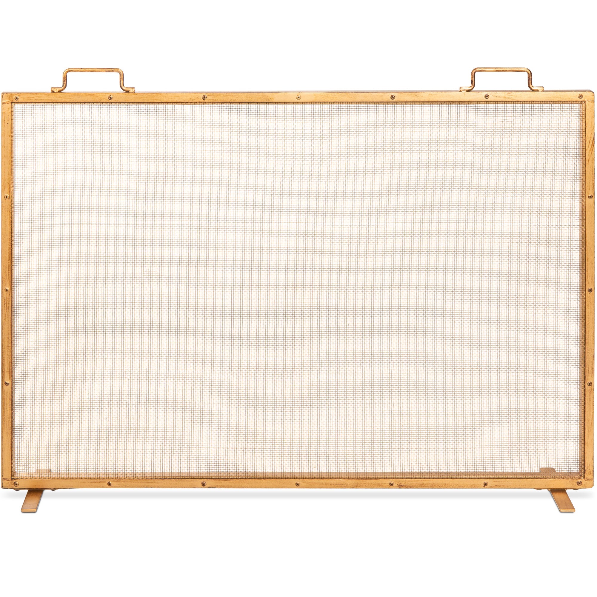 Single Panel Handcrafted Steel Mesh Fireplace Screen w/ Handles - 38x27in - Antique Gold
