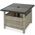 Outdoor Wicker Patio Side Table Accent Furniture w/ Umbrella Hole - Gray
