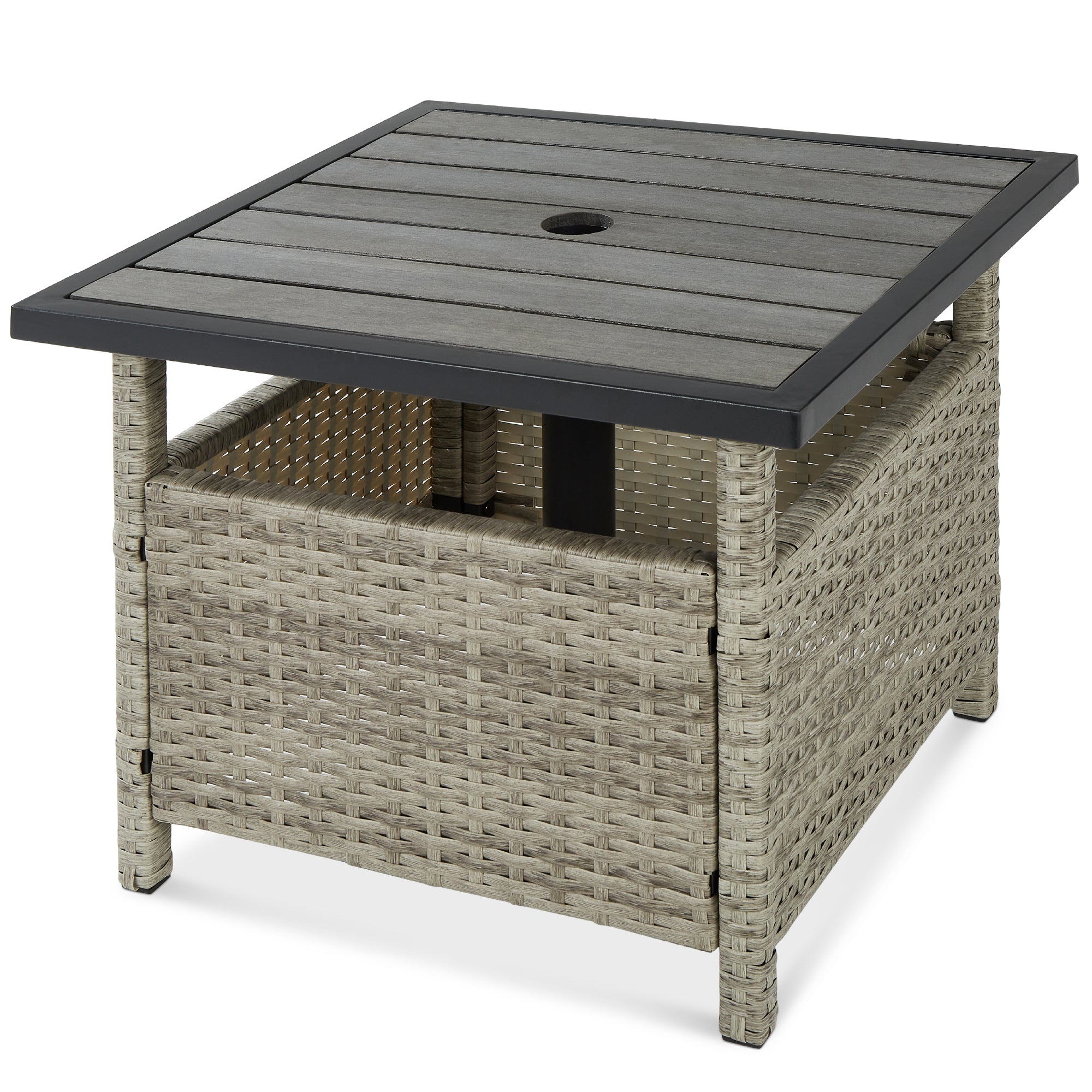 Outdoor Wicker Patio Side Table Accent Furniture w/ Umbrella Hole - Gray