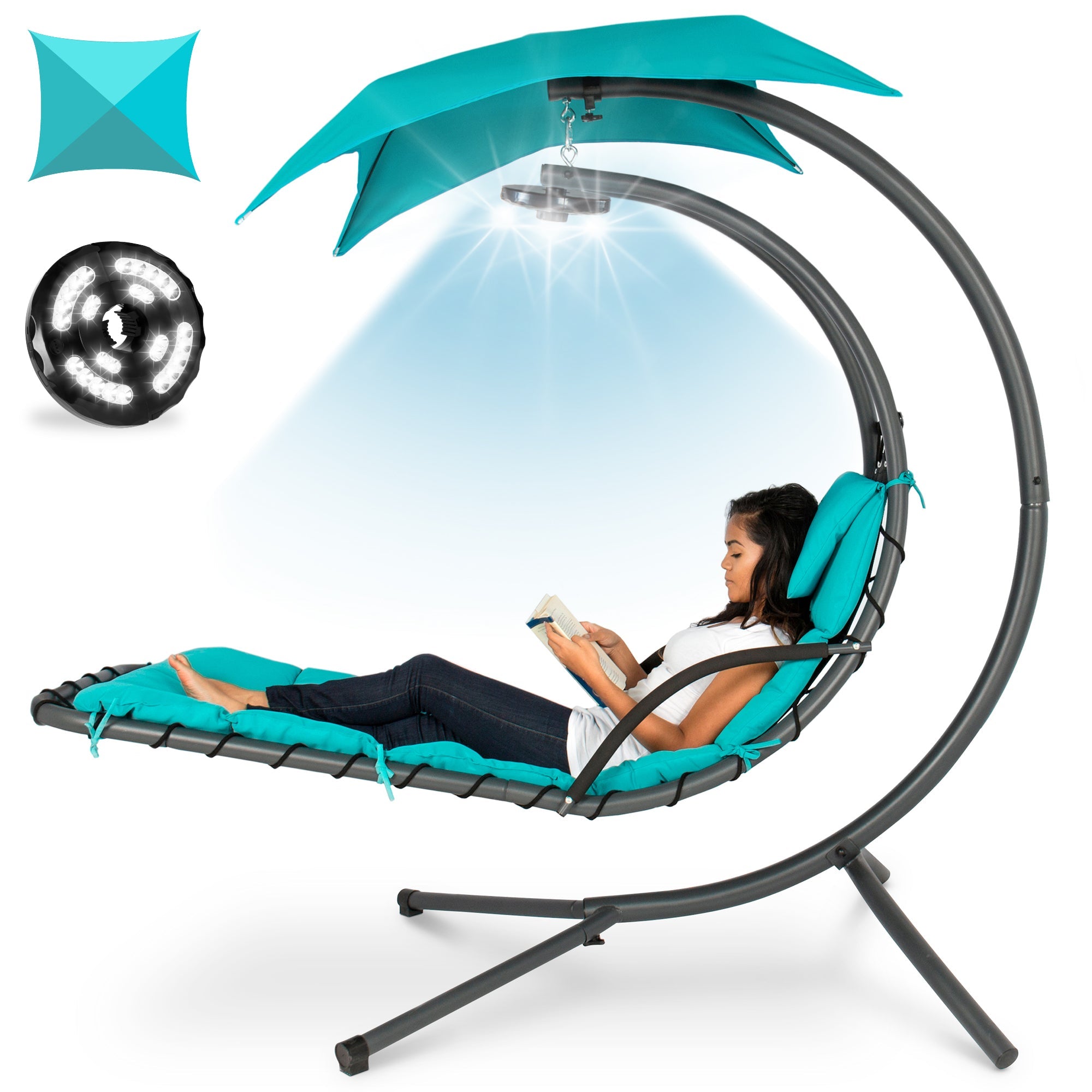 Hanging LED-Lit Curved Chaise Lounge Chair w/ Pillow, Canopy, Stand - Teal