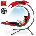Hanging LED-Lit Curved Chaise Lounge Chair w/ Pillow, Canopy, Stand - Red