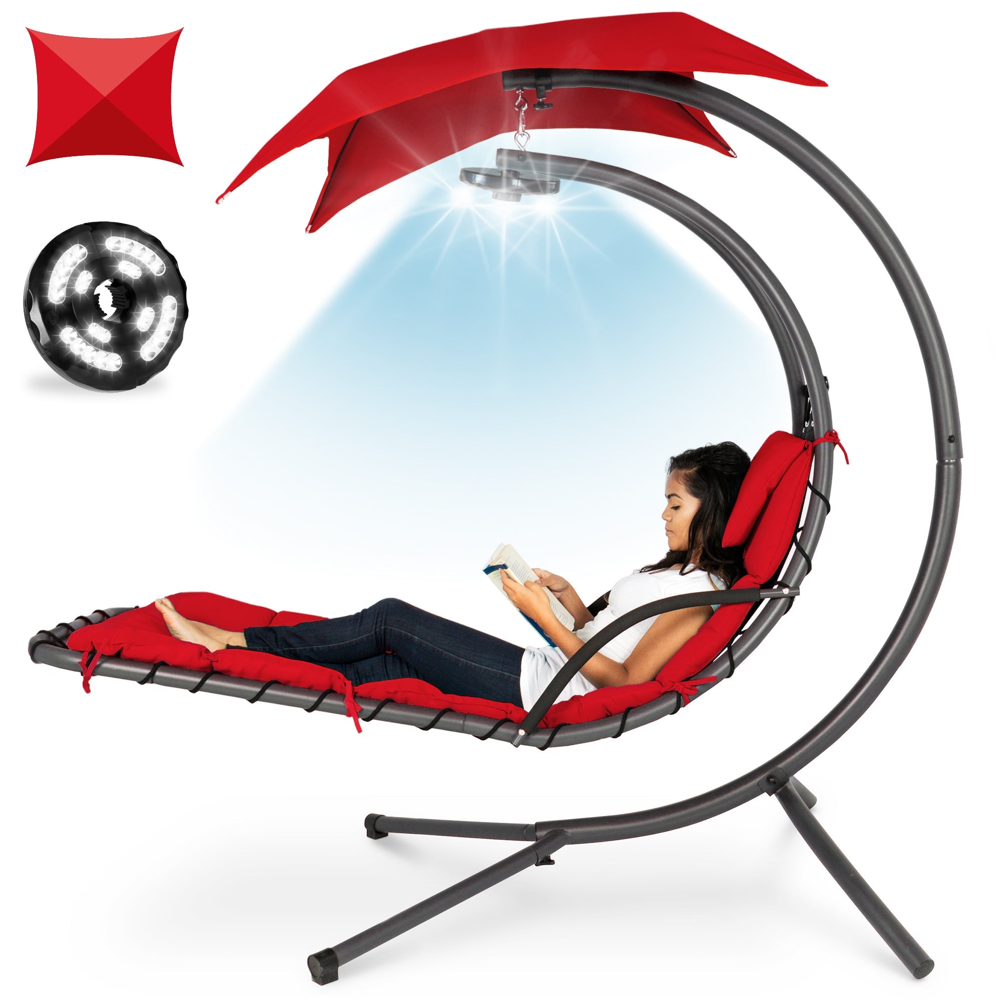 Hanging LED-Lit Curved Chaise Lounge Chair w/ Pillow, Canopy, Stand - Red
