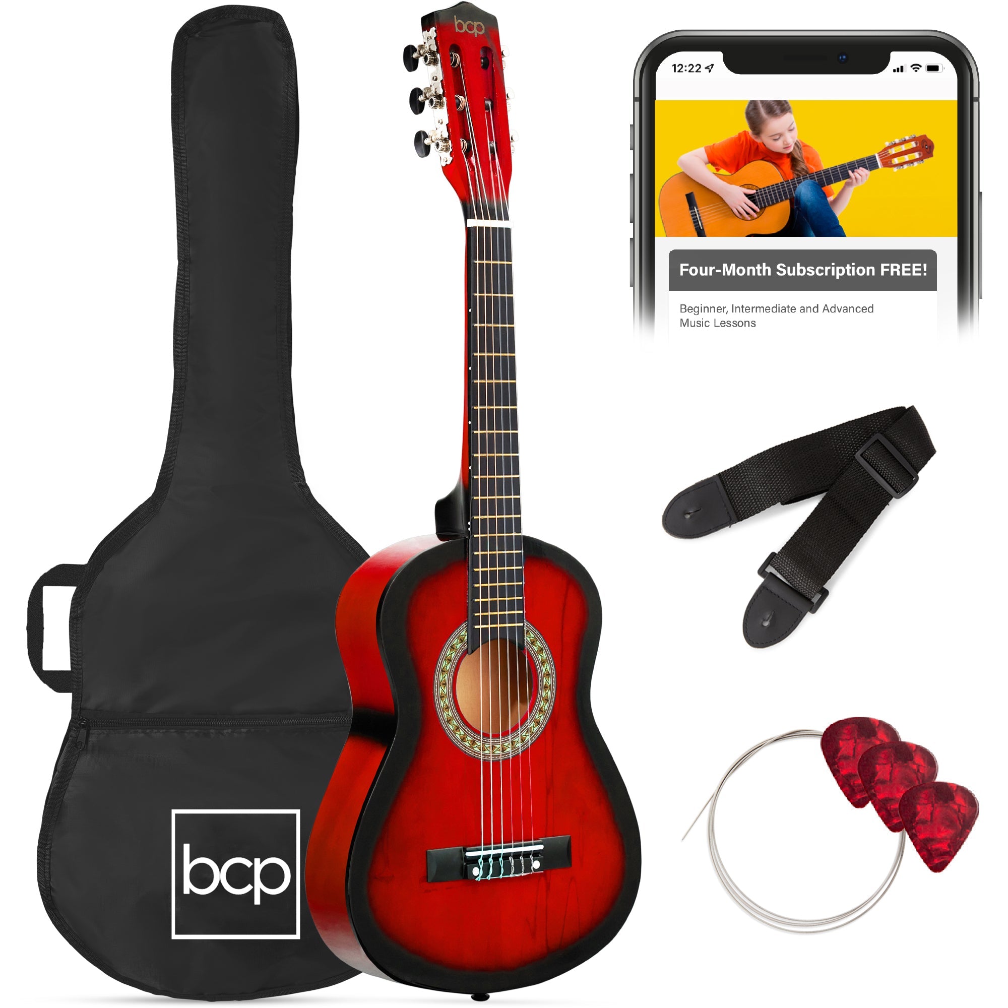 Kids Acoustic Guitar Beginner Starter Kit w/ Carrying Case - 30in - Redburst