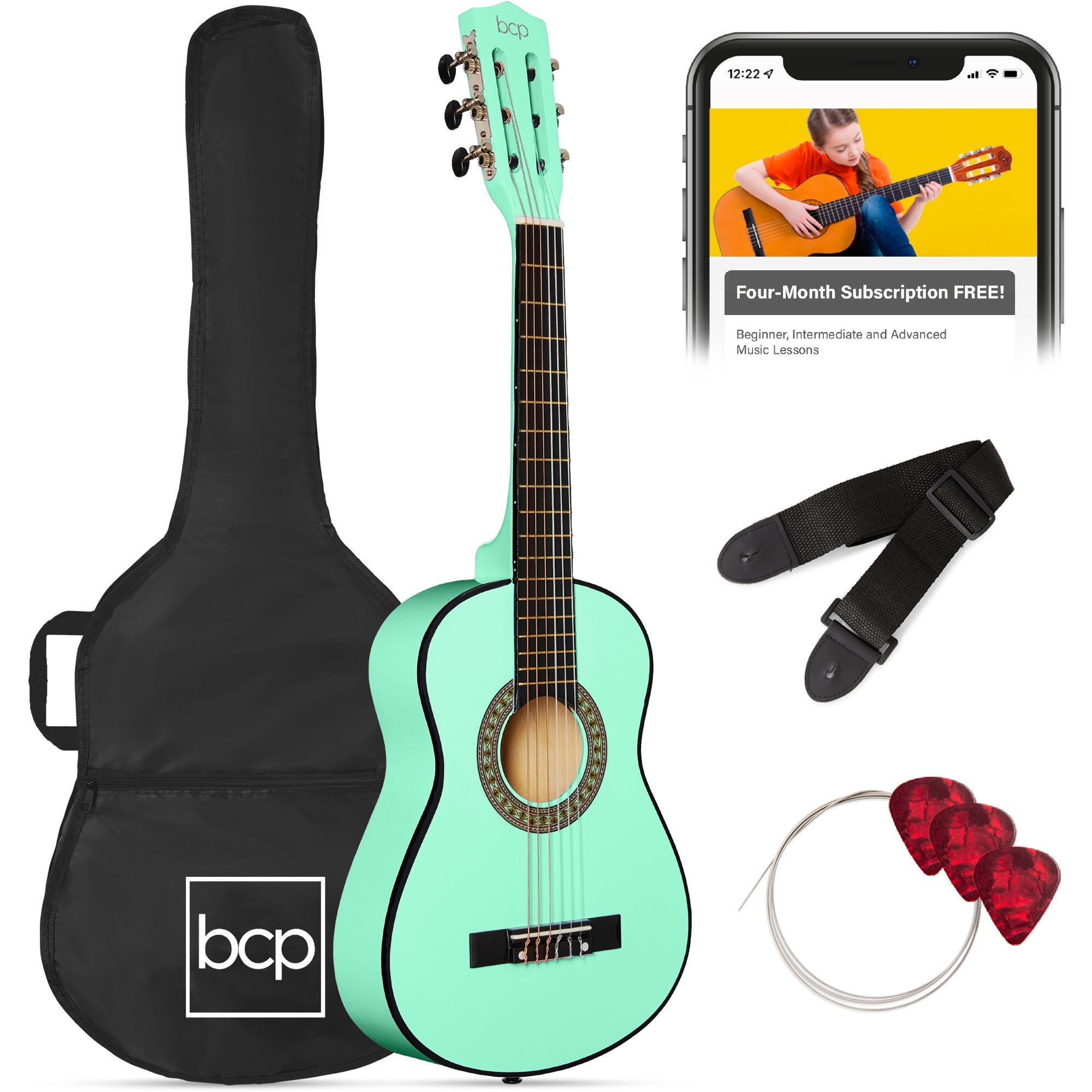 Kids Acoustic Guitar Beginner Starter Kit w/ Carrying Case - 30in - SoCal Green