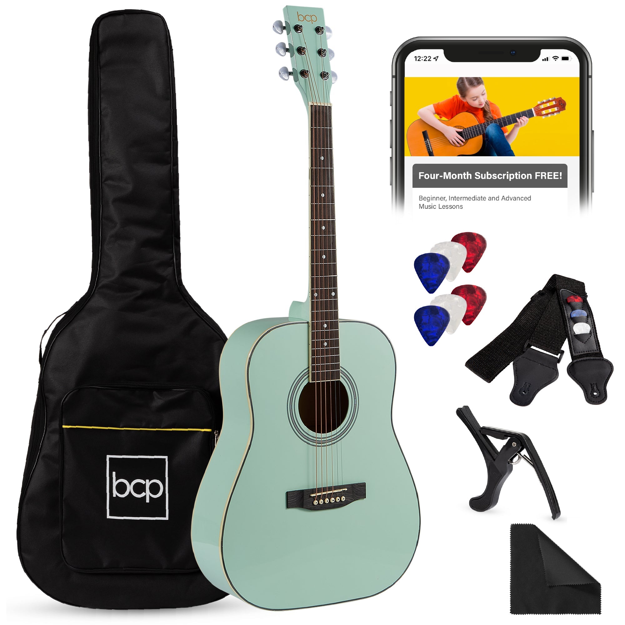 41in Acoustic Guitar Starter Kit w/ Digital Tuner, Padded Case, Picks, Strap - Socal Green