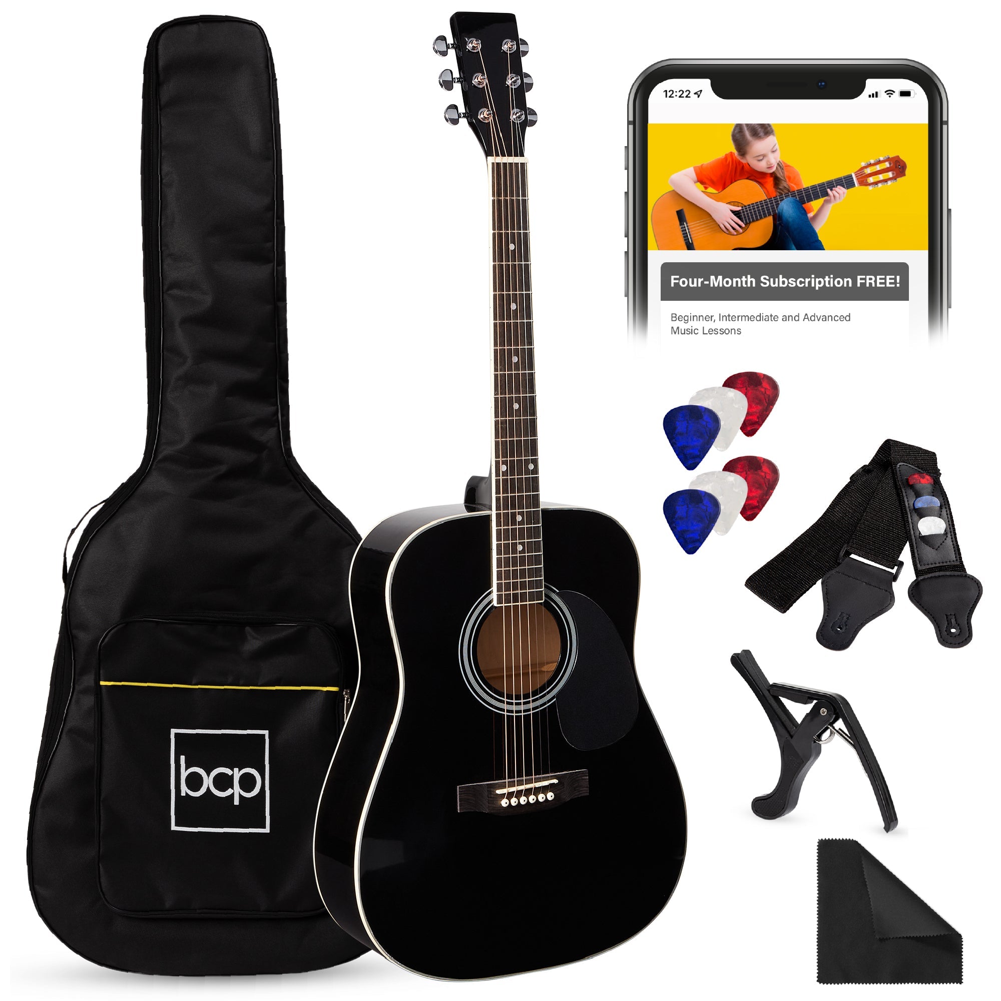 41in Acoustic Guitar Starter Kit w/ Digital Tuner, Padded Case, Picks, Strap - Black