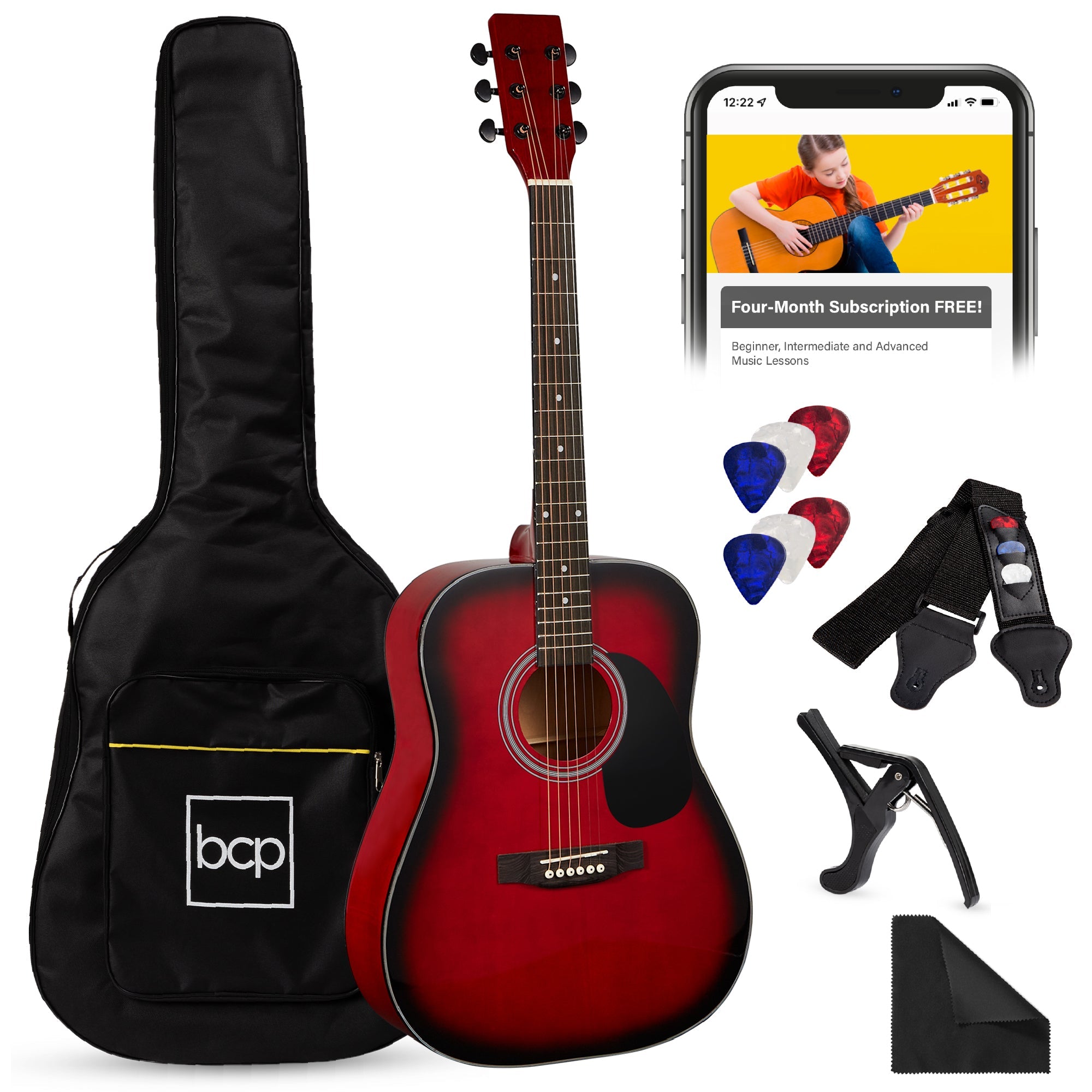 41in Acoustic Guitar Starter Kit w/ Digital Tuner, Padded Case, Picks, Strap - Red Burst