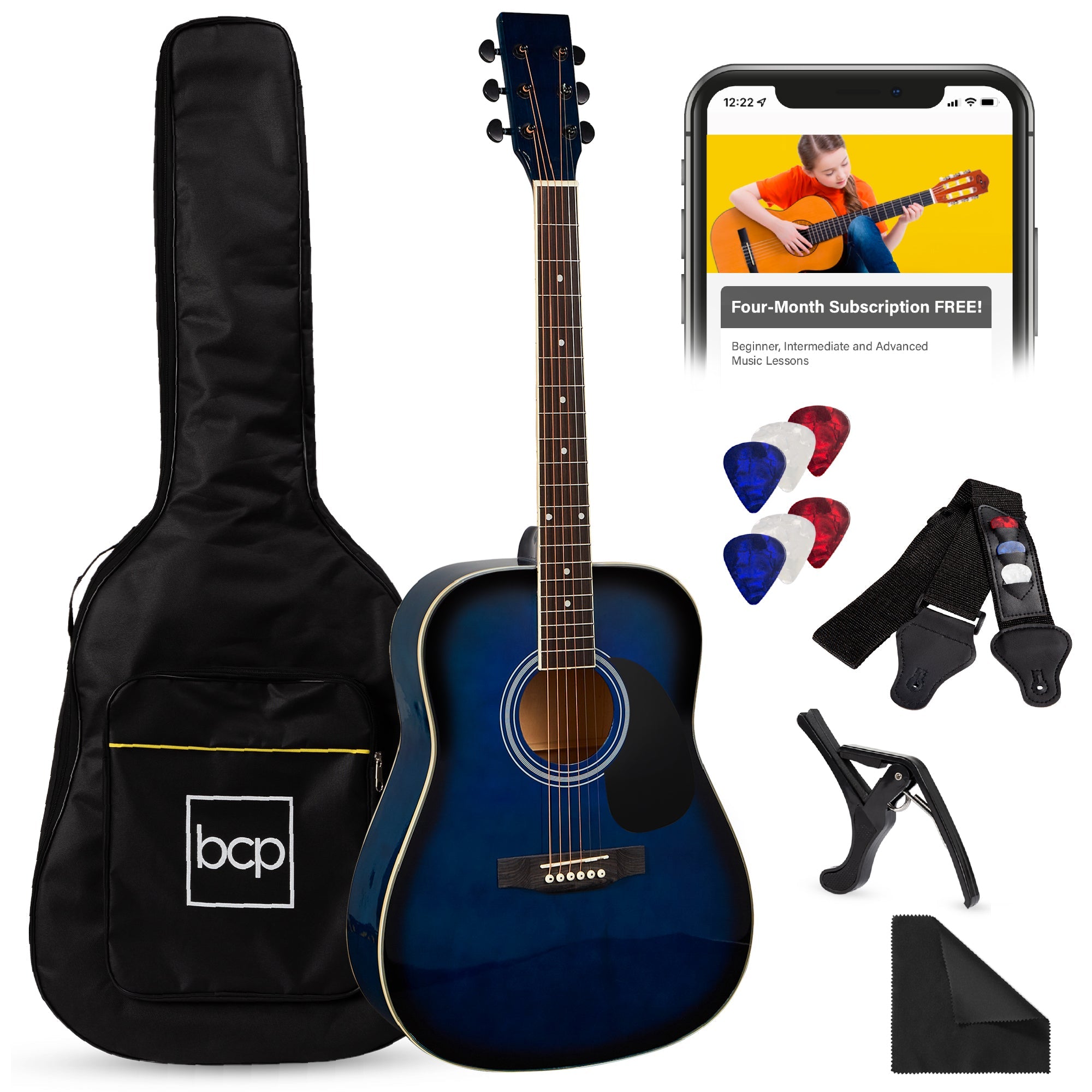 41in Acoustic Guitar Starter Kit w/ Digital Tuner, Padded Case, Picks, Strap - Blue