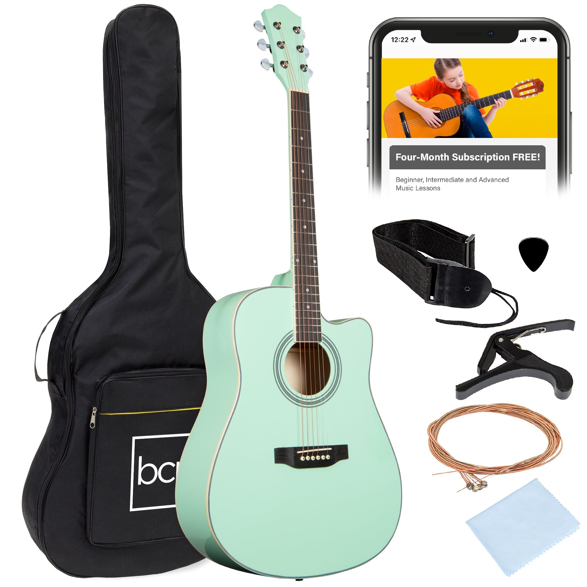 Full Size Beginner Acoustic Guitar Set with Case, Strap, Capo - 41in - SoCal Green