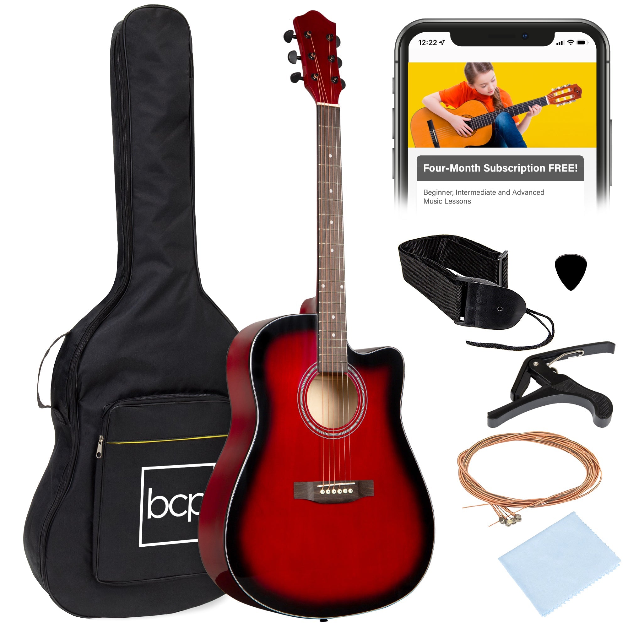 Full Size Beginner Acoustic Guitar Set with Case, Strap, Capo - 41in - Red