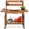Wood Garden Potting Bench w/ Sliding Tabletop, Food Grade Dry Sink, Wheels - Brown