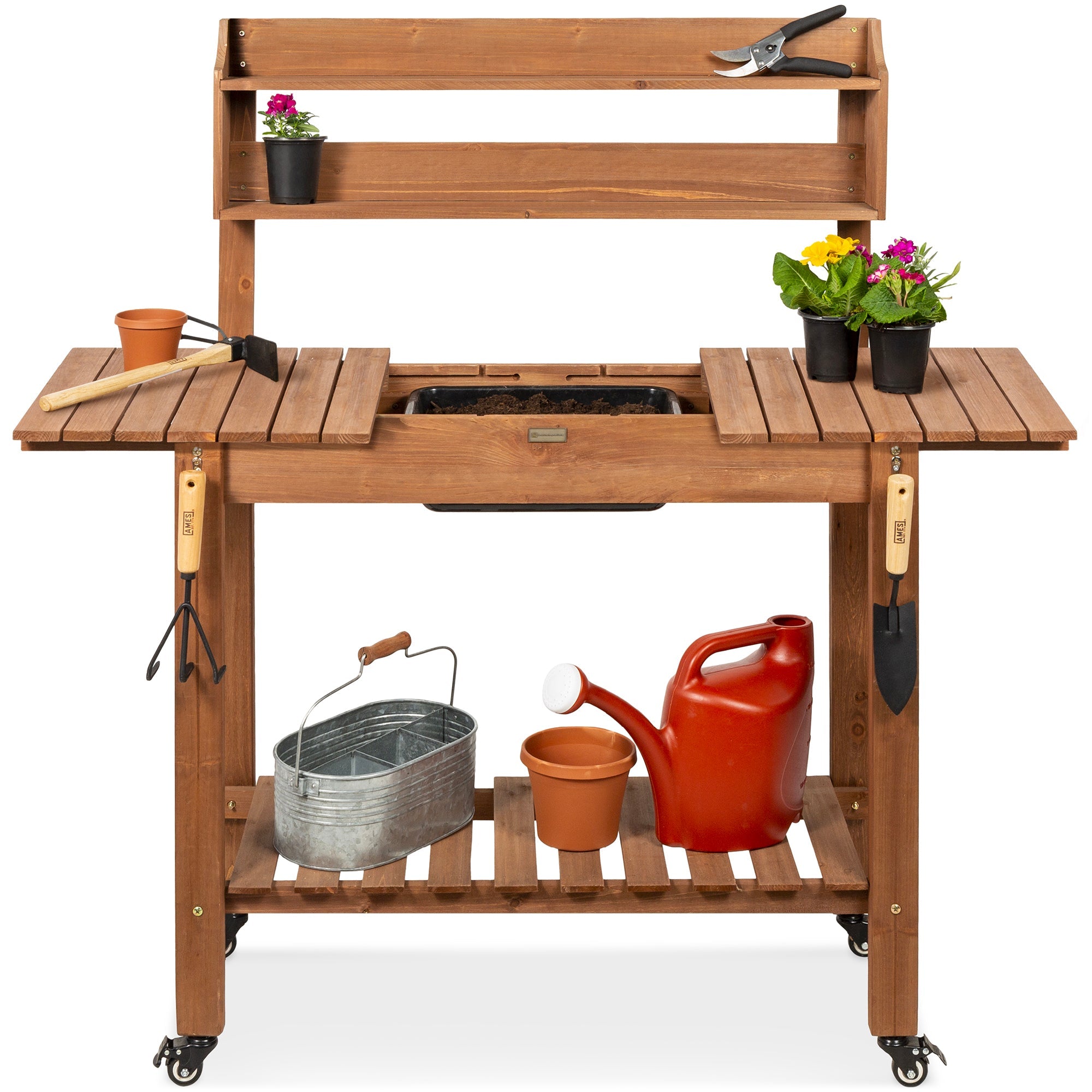 Wood Garden Potting Bench w/ Sliding Tabletop, Food Grade Dry Sink, Wheels - Brown