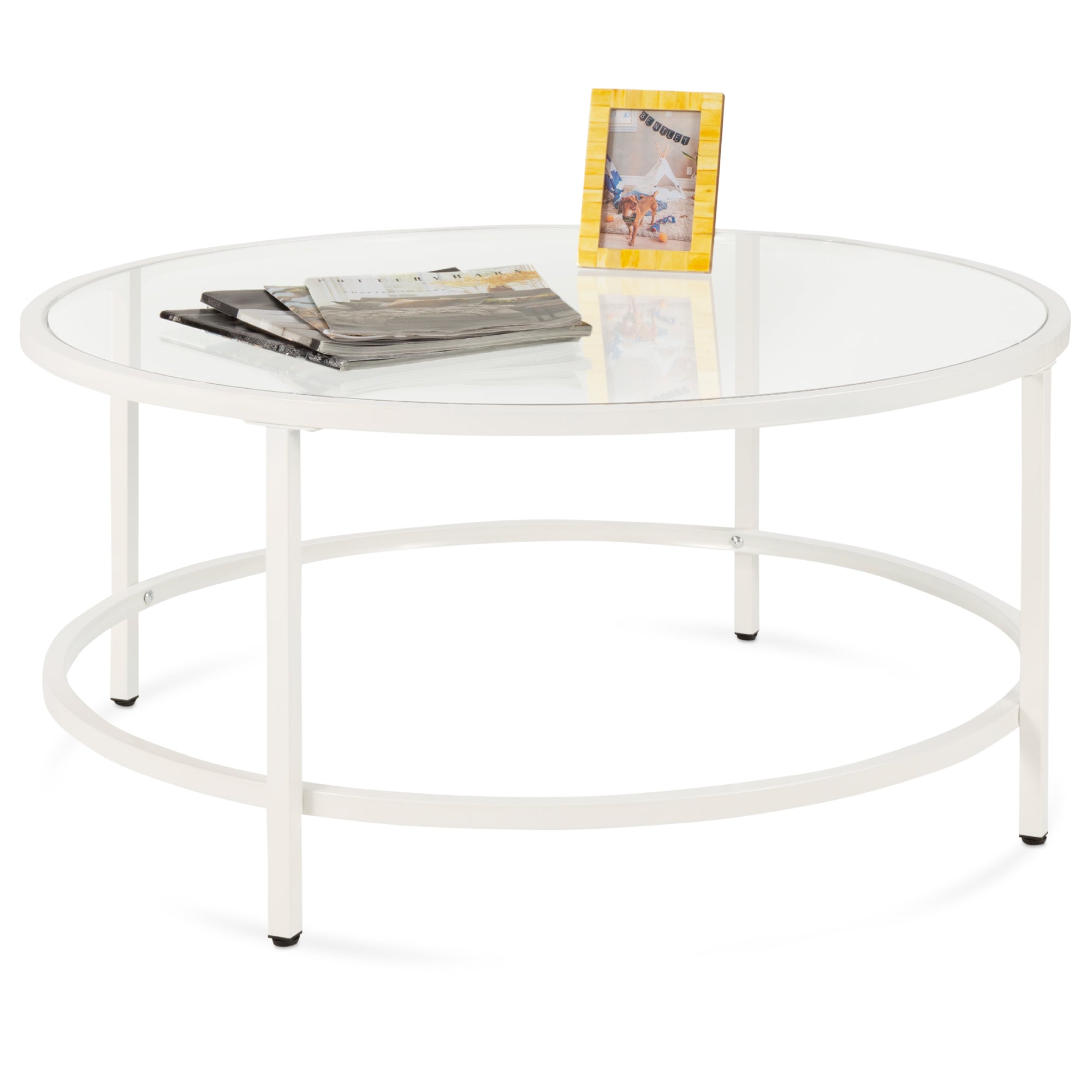 Round Tempered Glass Coffee Table w/ Steel Frame - 36in - White