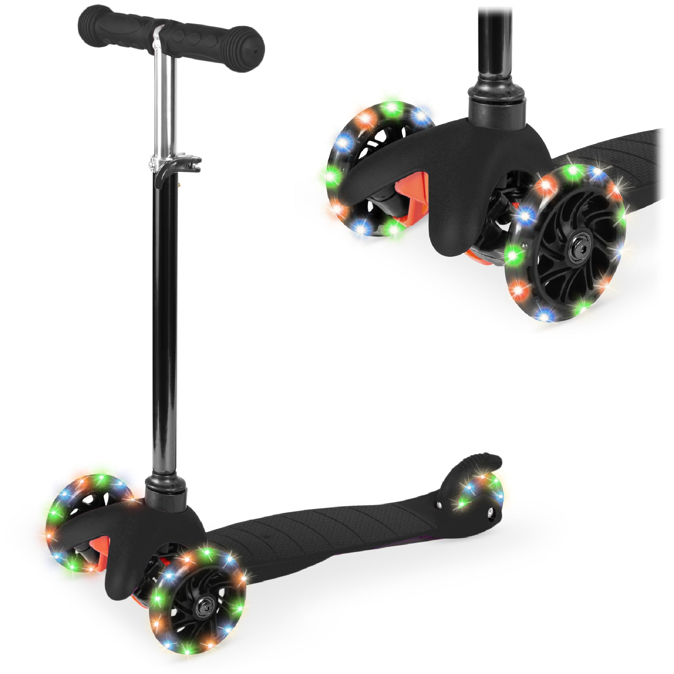 Kids Mini Kick Scooter Toy w/ Colorful Light-Up Wheels, Adjustable T-Bar - Black