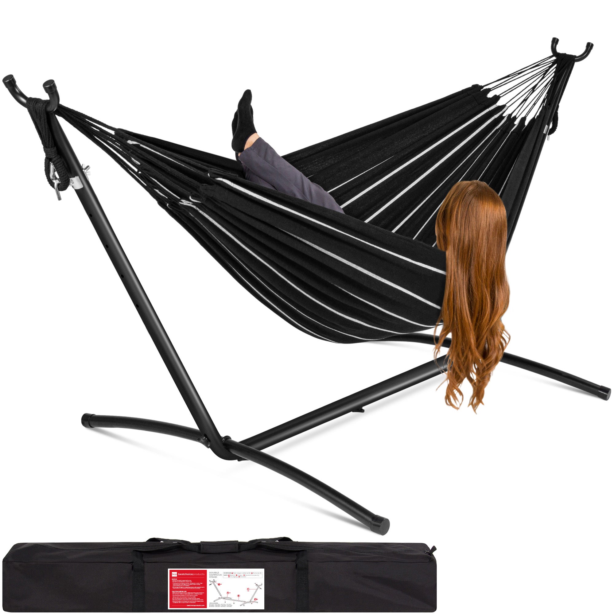 2-Person Brazilian-Style Double Hammock w/ Carrying Bag and Steel Stand - Onyx