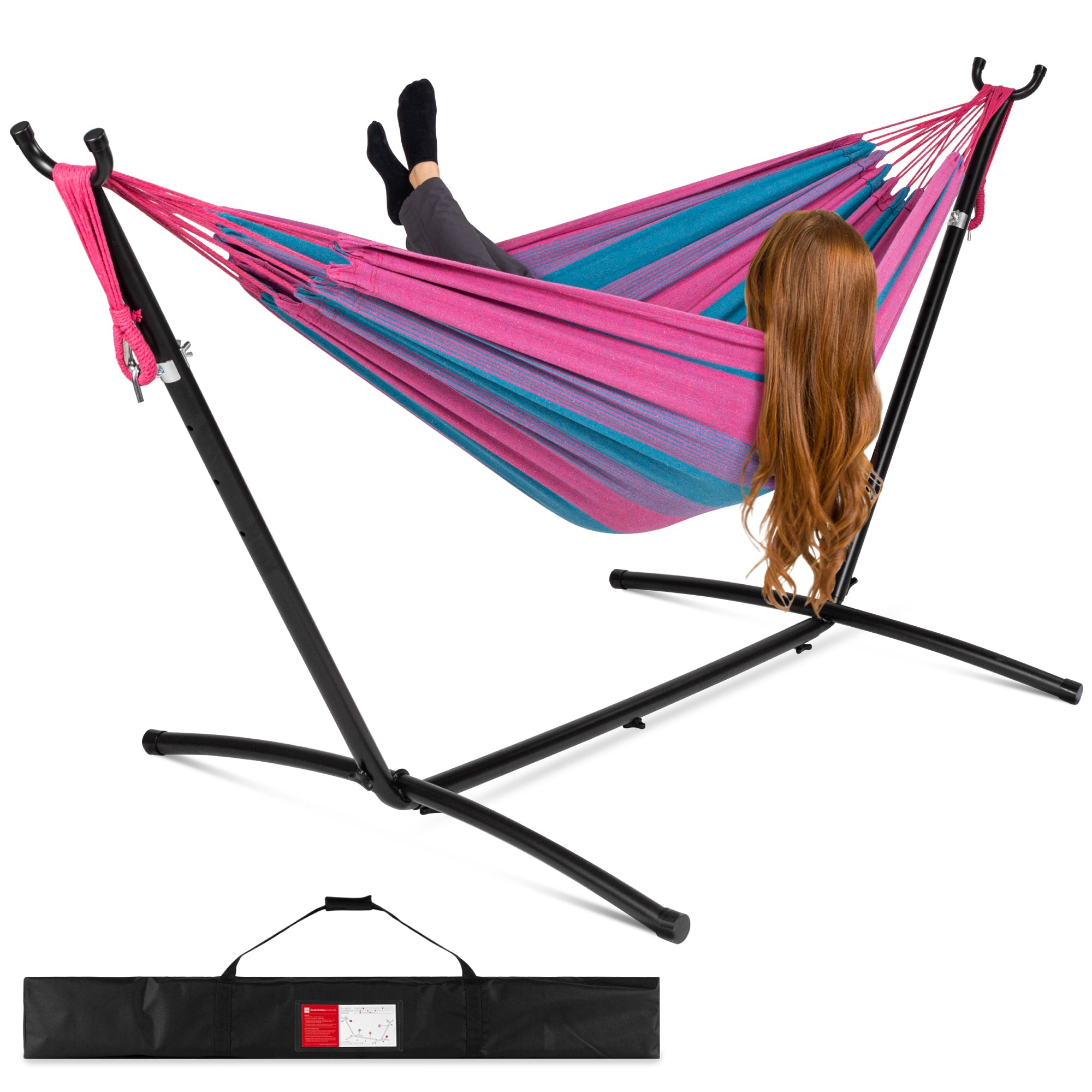 2-Person Brazilian-Style Double Hammock w/ Carrying Bag and Steel Stand - Aster