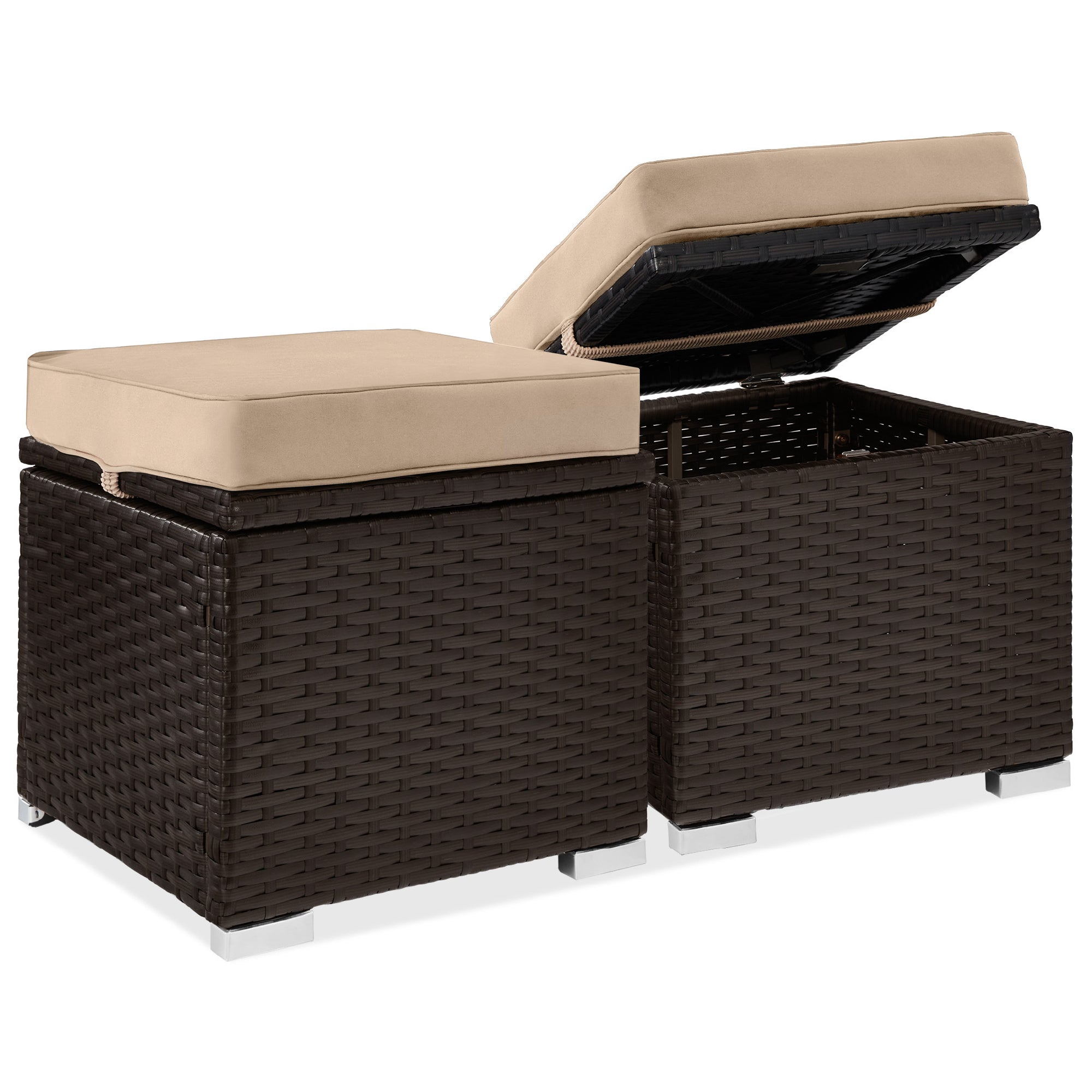 Set of 2 Wicker Ottomans, Multipurpose w/ Removable Cushions, Steel Frame - Brown/Beige