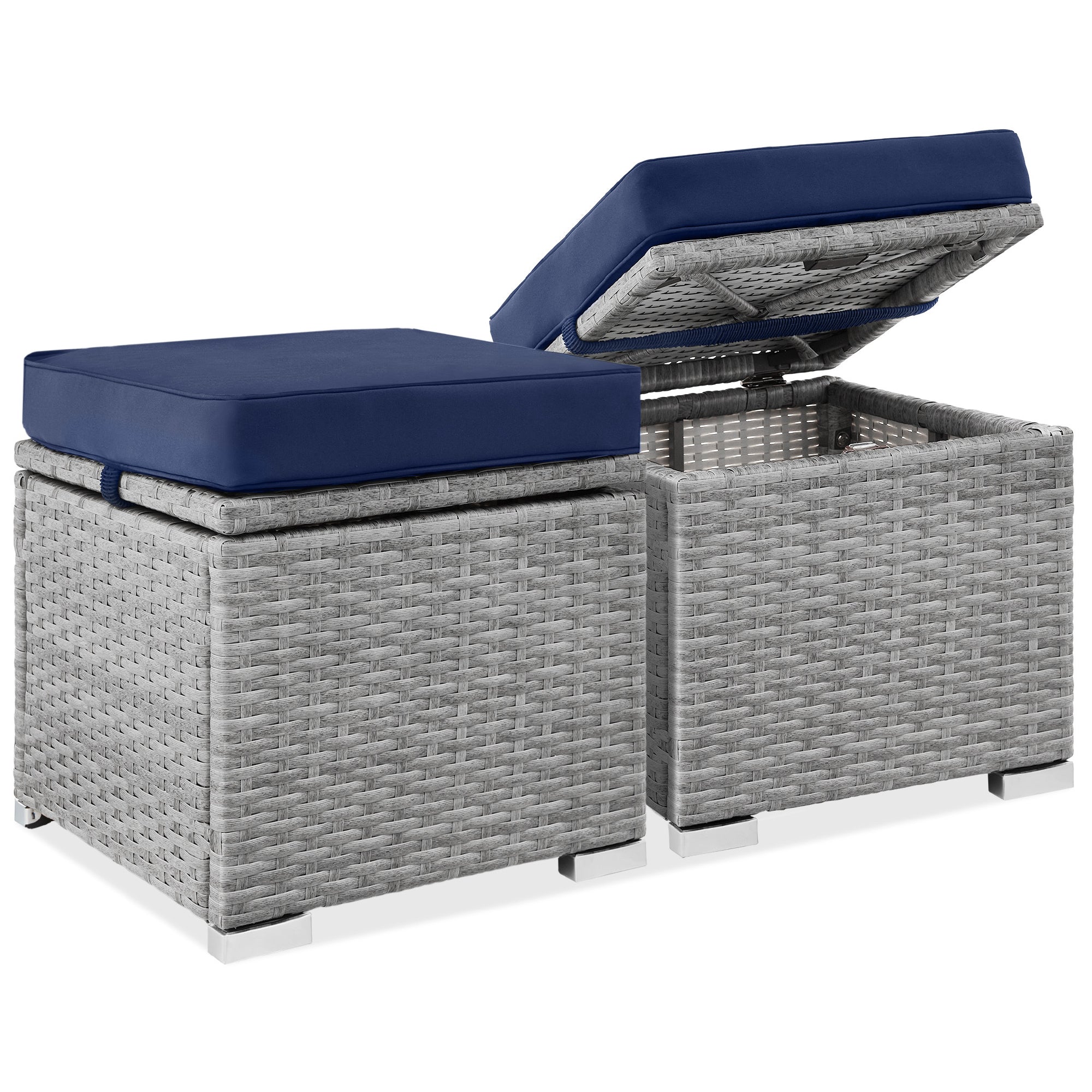Set of 2 Wicker Ottomans, Multipurpose w/ Removable Cushions, Steel Frame - Gray/Navy
