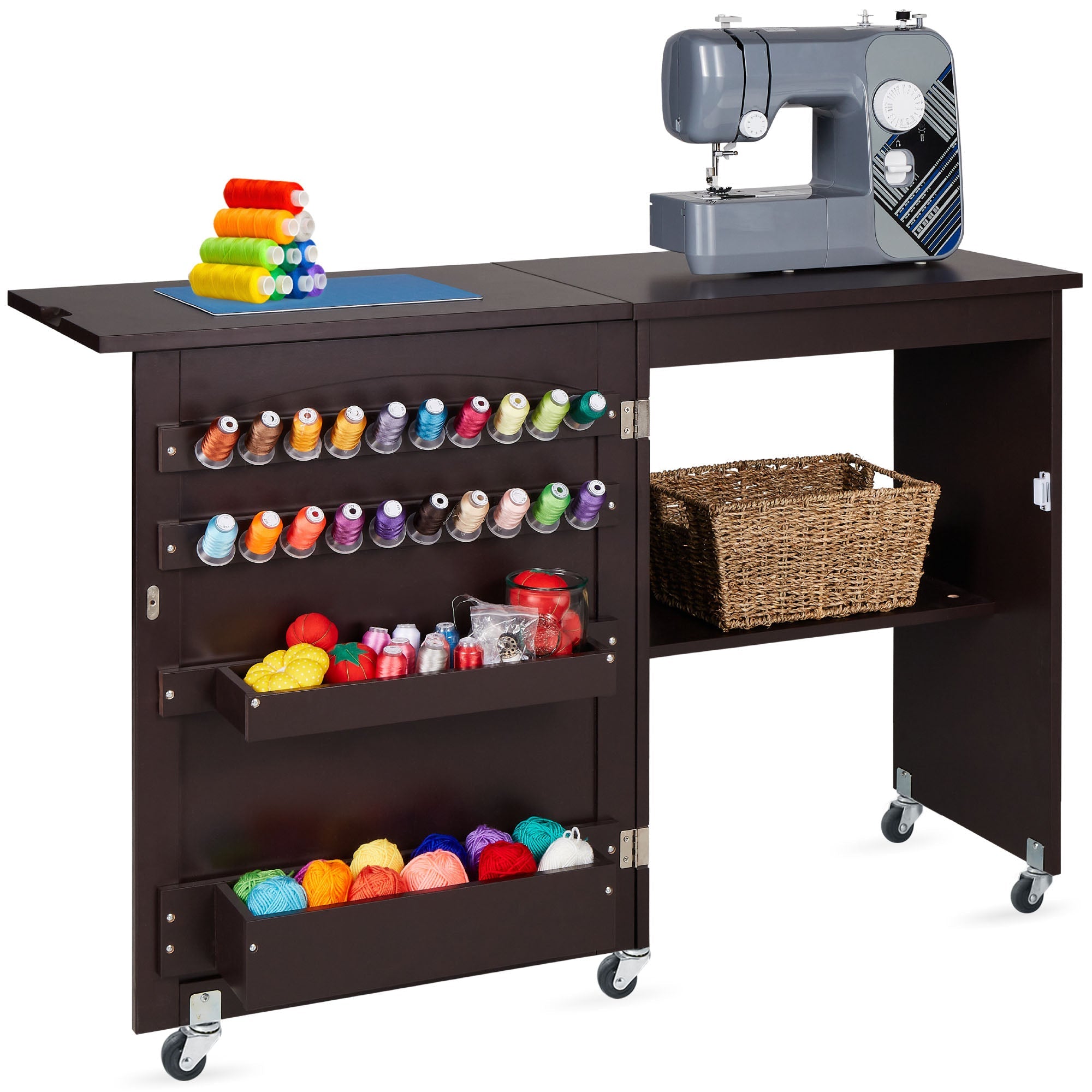 Folding Sewing Table Multipurpose Craft Station & Side Table w/ Wheels - Espresso