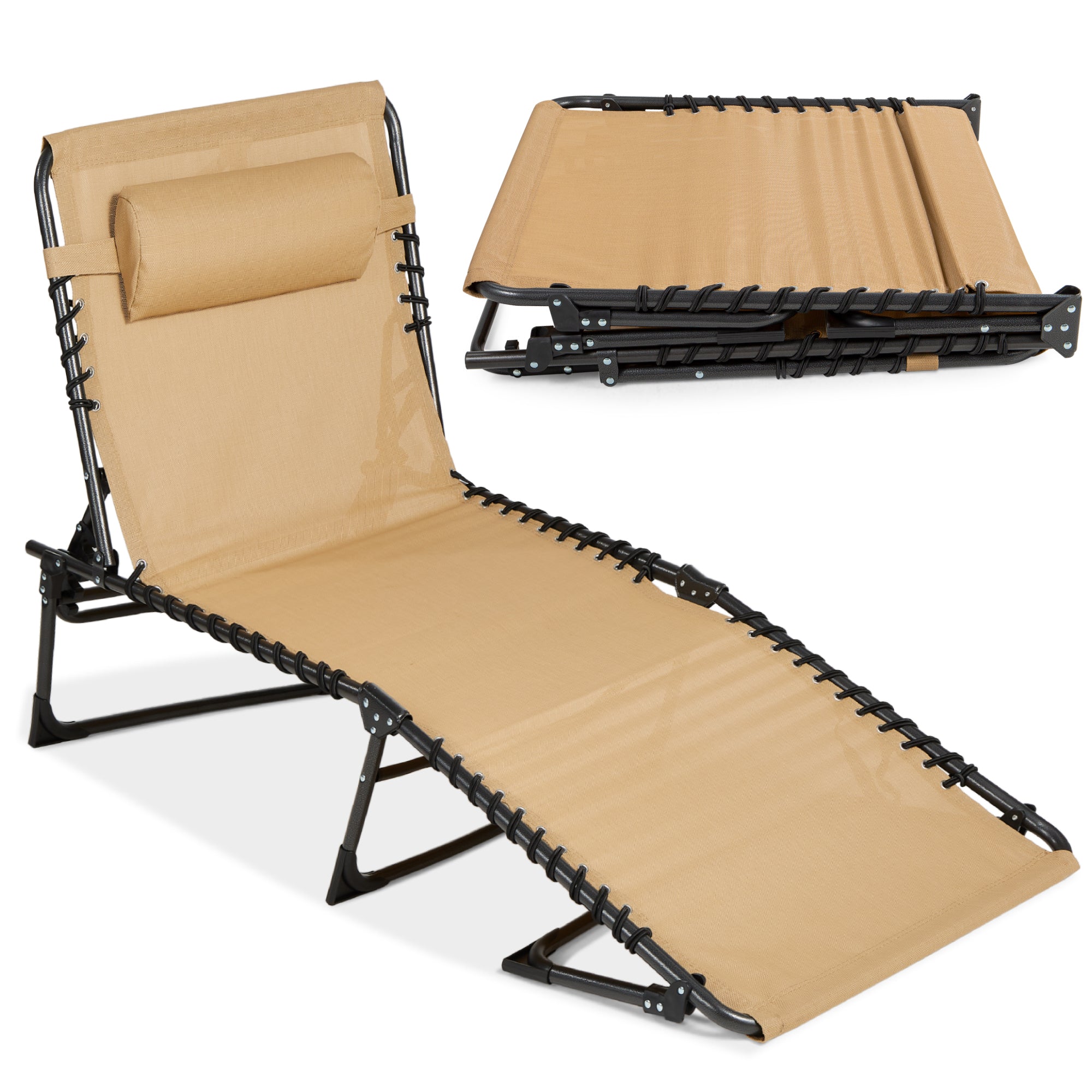 Portable Patio Chaise Lounge Chair Outdoor Recliner w/ Pillow - Beige