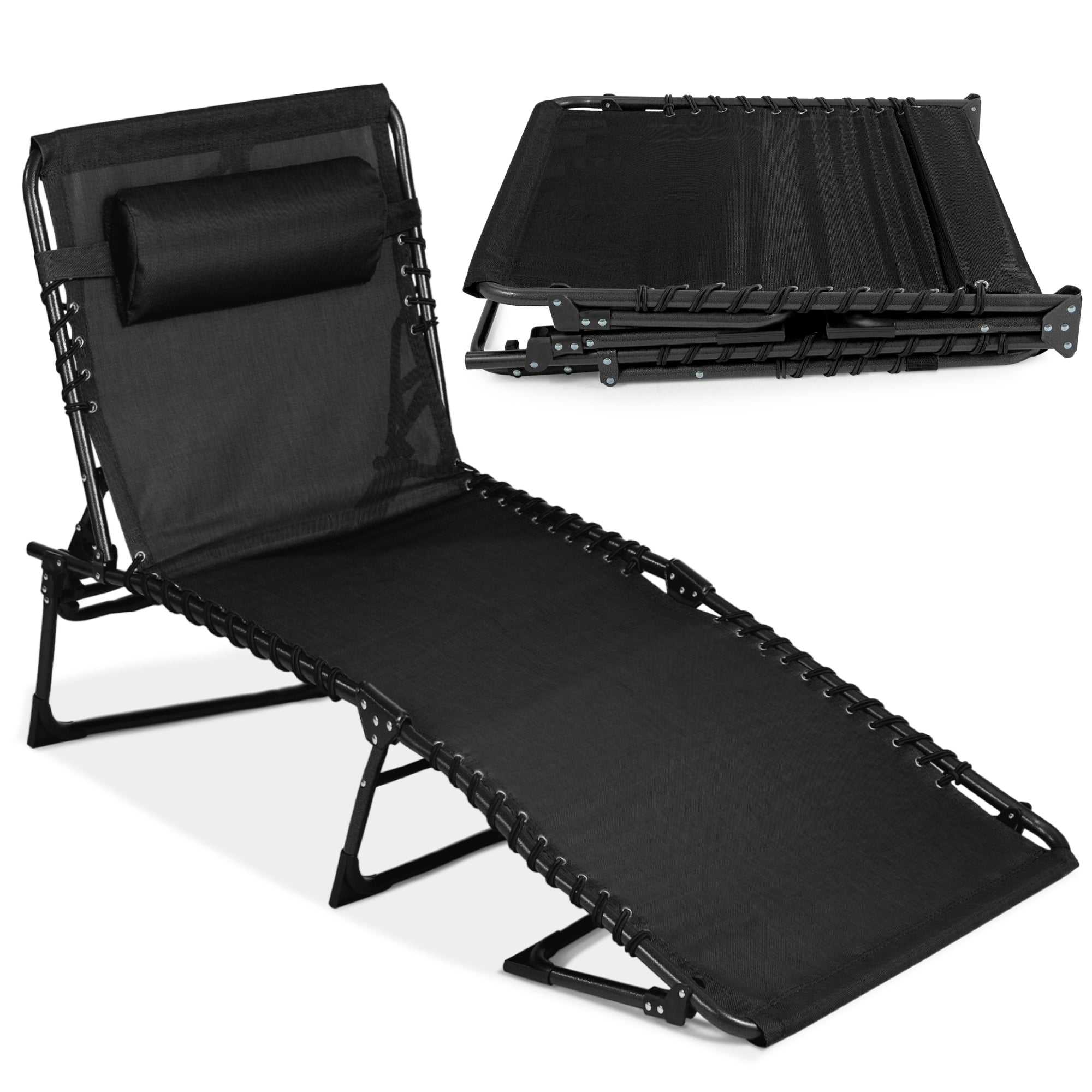 Portable Patio Chaise Lounge Chair Outdoor Recliner w/ Pillow - Black