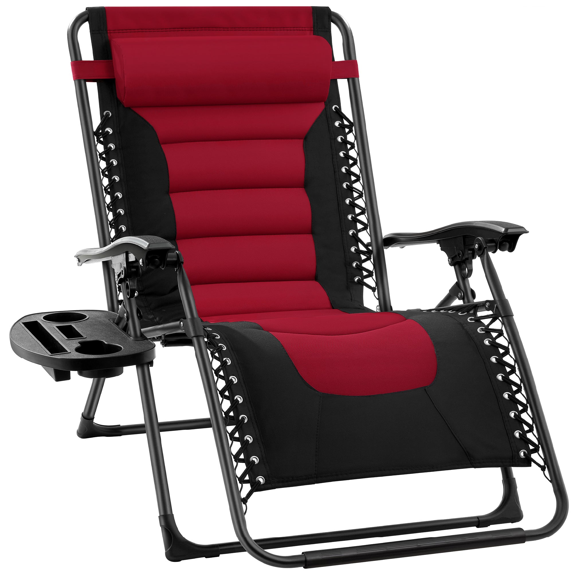 Oversized Padded Zero Gravity Chair, Folding Recliner w/ Headrest, Side Tray - Black/Burgundy