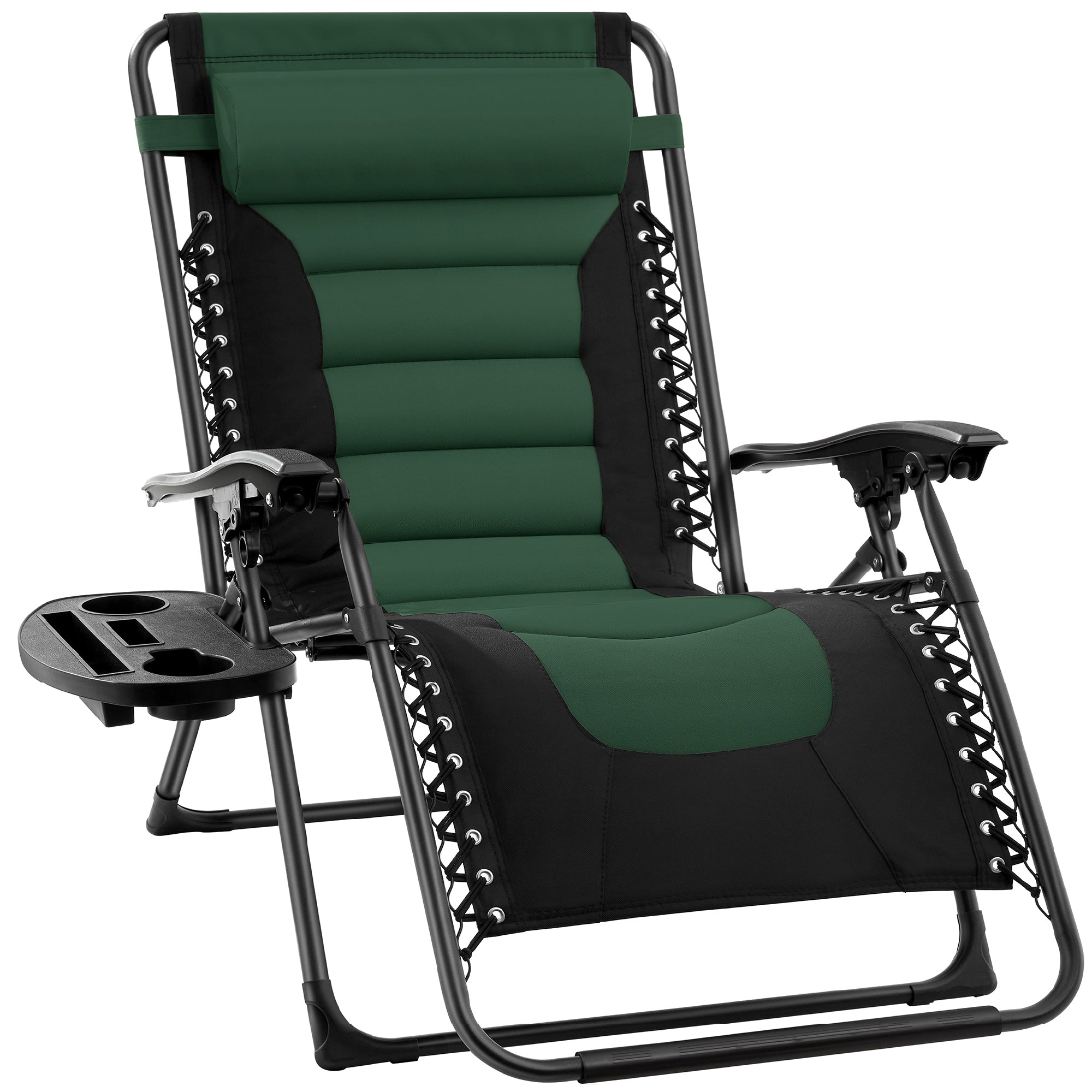 Oversized Padded Zero Gravity Chair, Folding Recliner w/ Headrest, Side Tray - Black/Forest Green