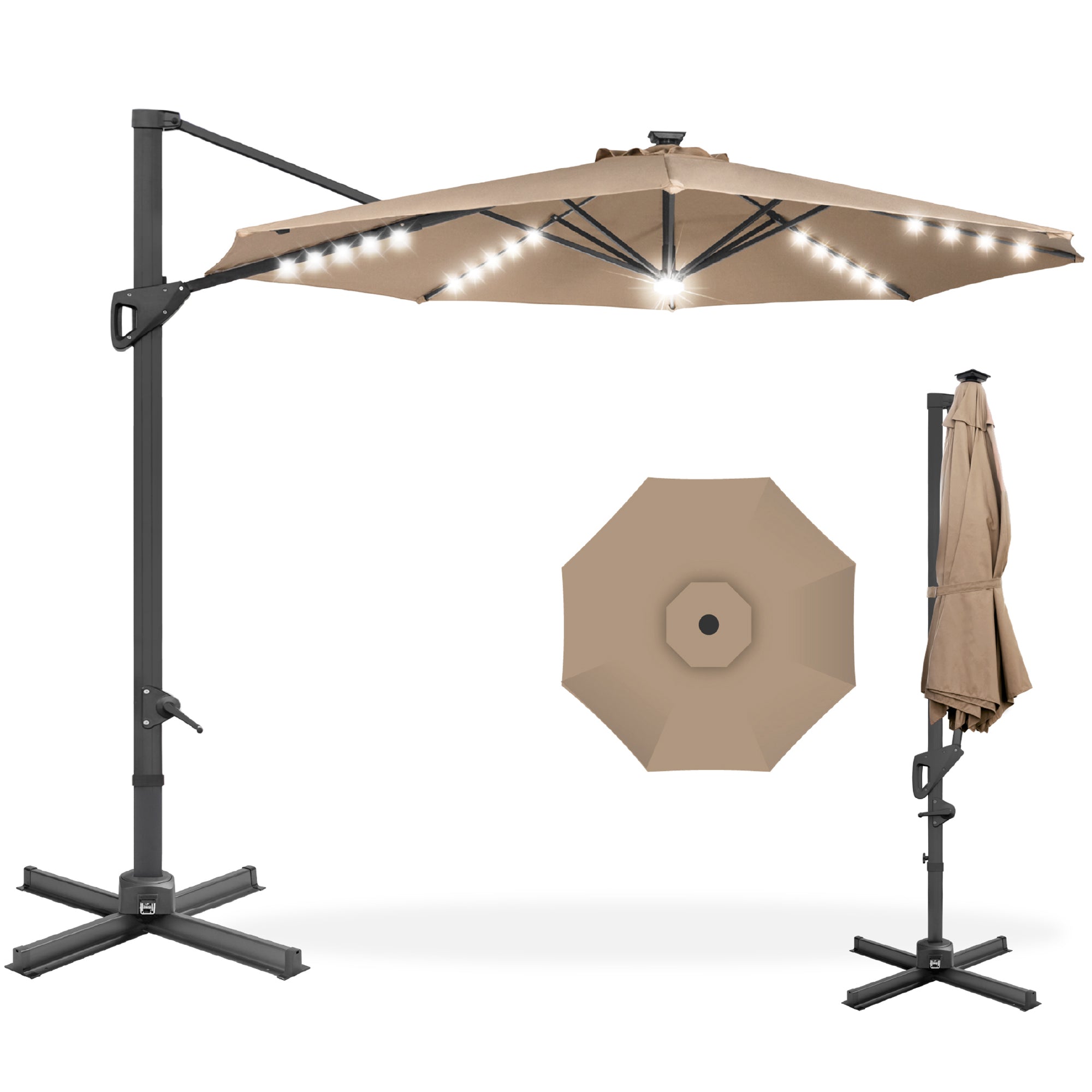 360-Degree Solar LED Cantilever Offset Patio Umbrella w/ Tilt - 10ft - Tan