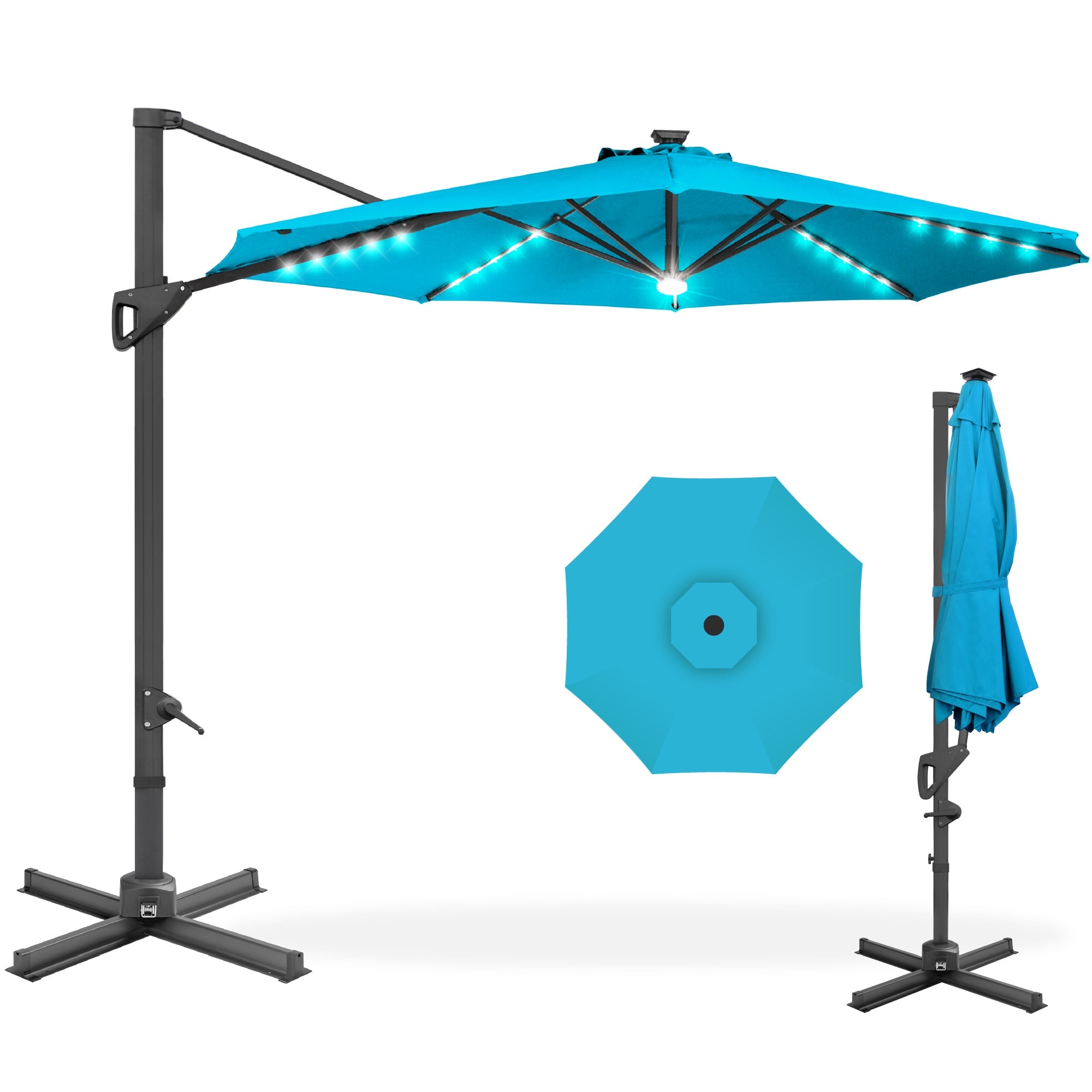 360-Degree Solar LED Cantilever Offset Patio Umbrella w/ Tilt - 10ft - Sky Blue