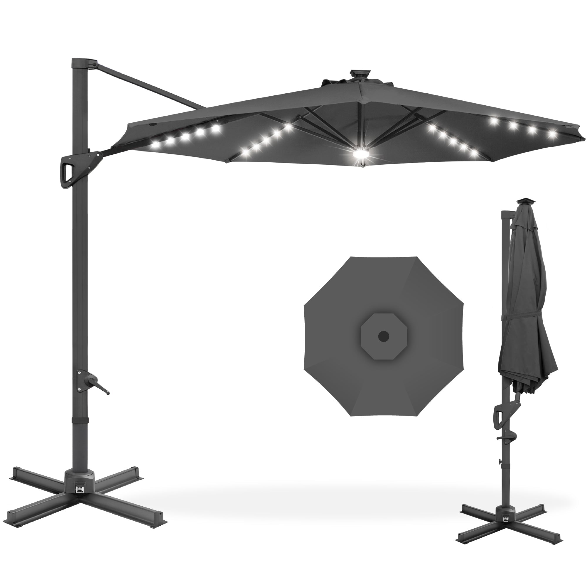 360-Degree Solar LED Cantilever Offset Patio Umbrella w/ Tilt - 10ft - Gray