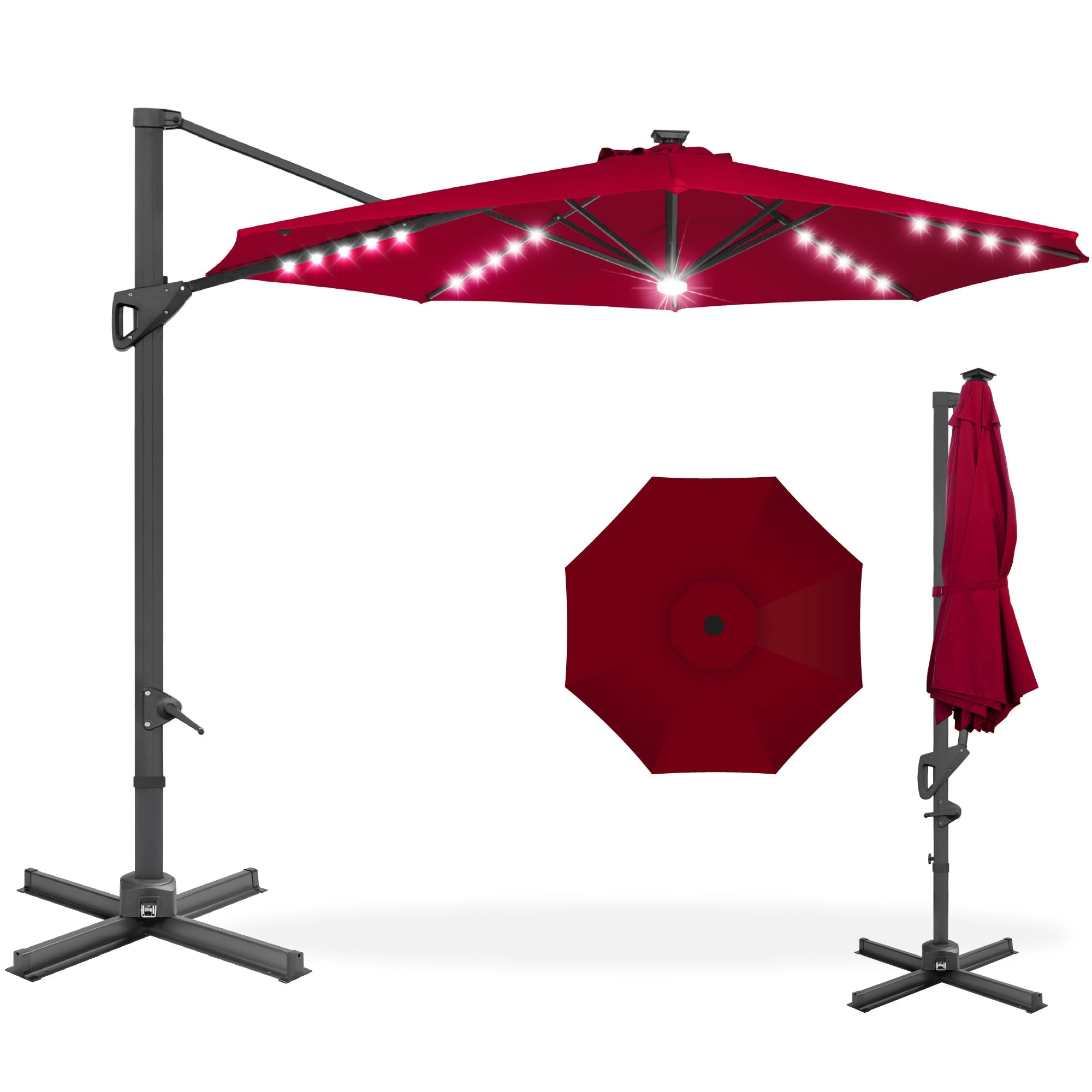 360-Degree Solar LED Cantilever Offset Patio Umbrella w/ Tilt - 10ft - Burgundy