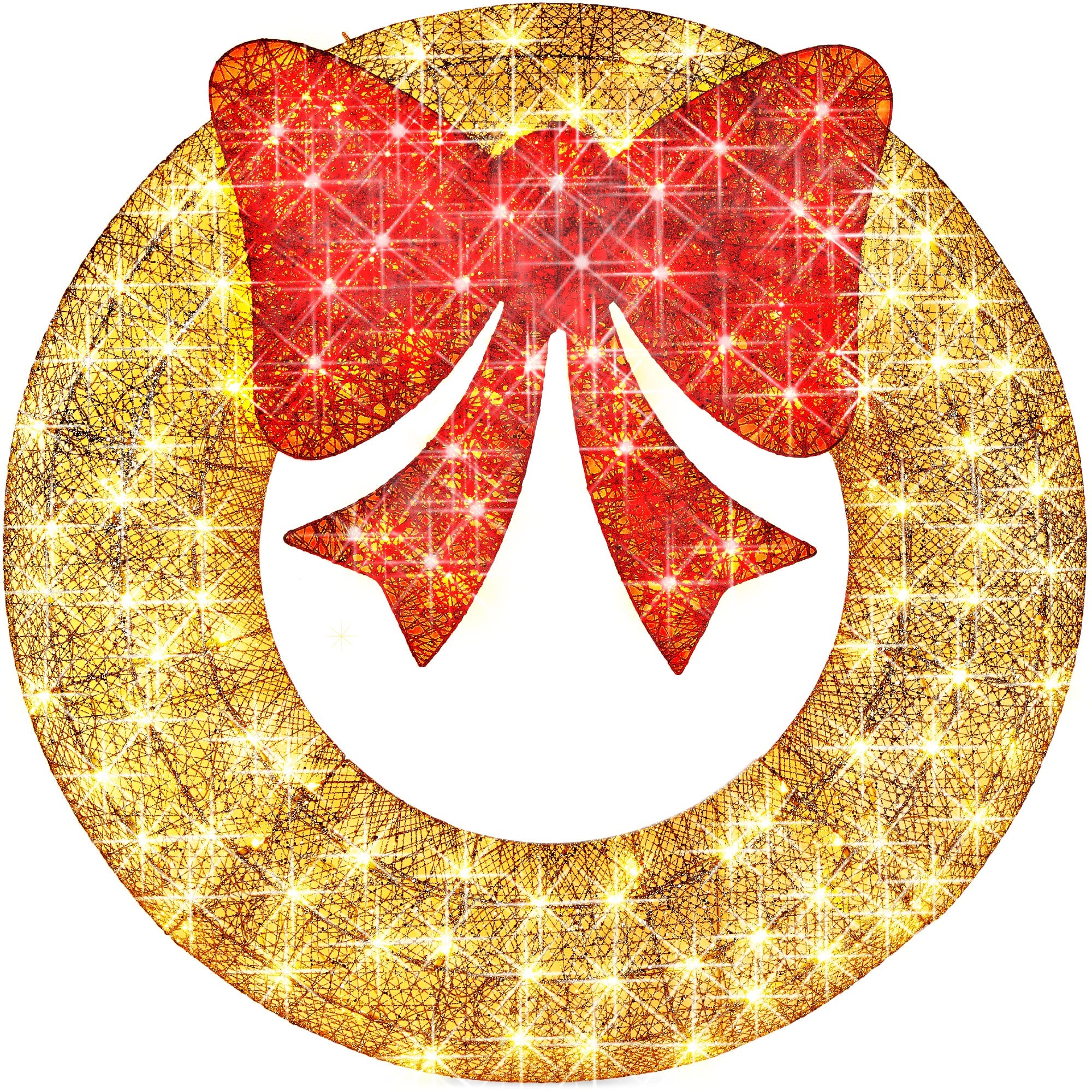 Pre-Lit Outdoor Christmas Wreath, LED Metal Holiday Decor w/ Bow - 48in - Gold/Red