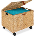 Mobile Water Hyacinth Rolling Filing Cabinet Storage Basket w/ Lid, Wheels - Natural