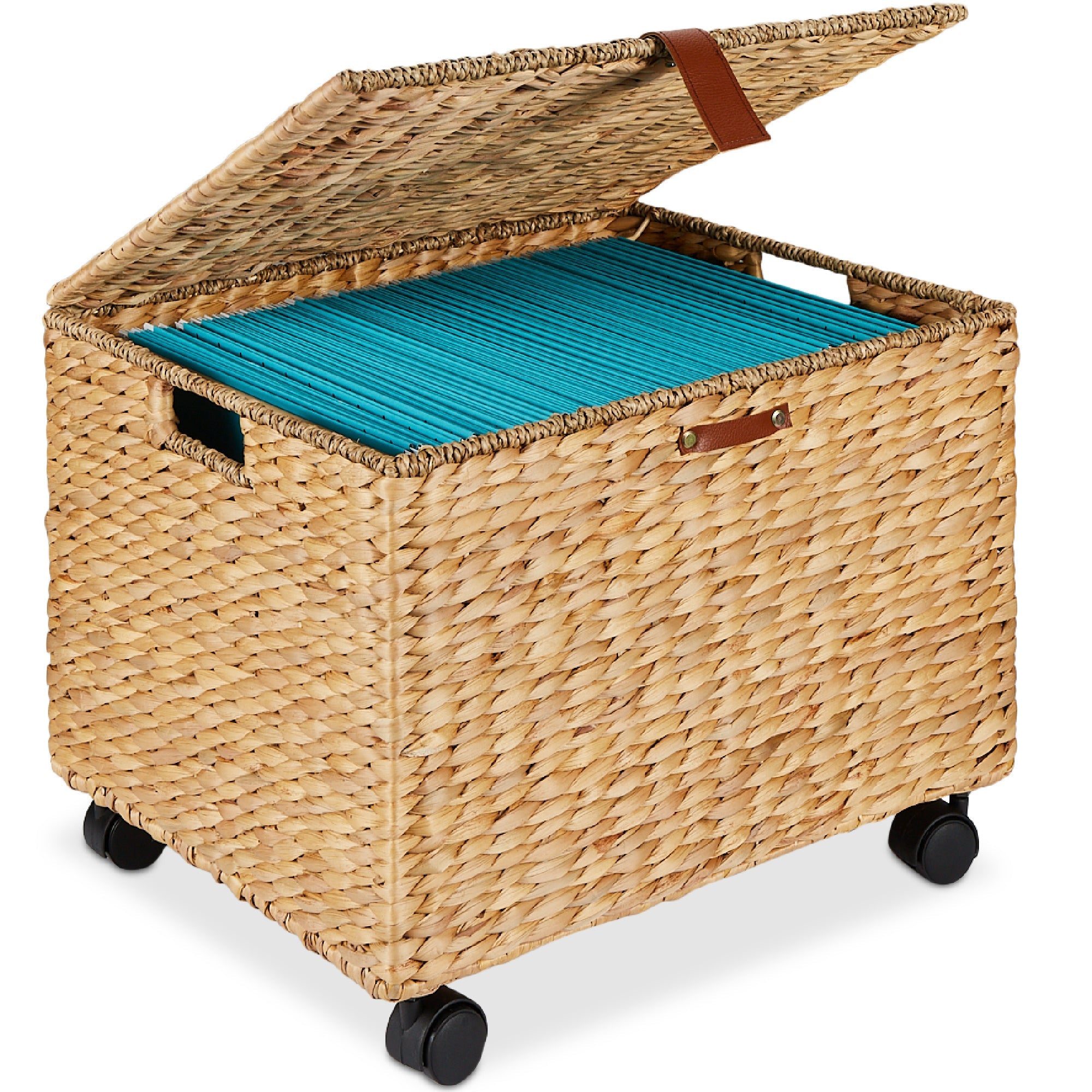 Mobile Water Hyacinth Rolling Filing Cabinet Storage Basket w/ Lid, Wheels - Natural
