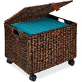 Mobile Water Hyacinth Rolling Filing Cabinet Storage Basket w/ Lid, Wheels - Brown
