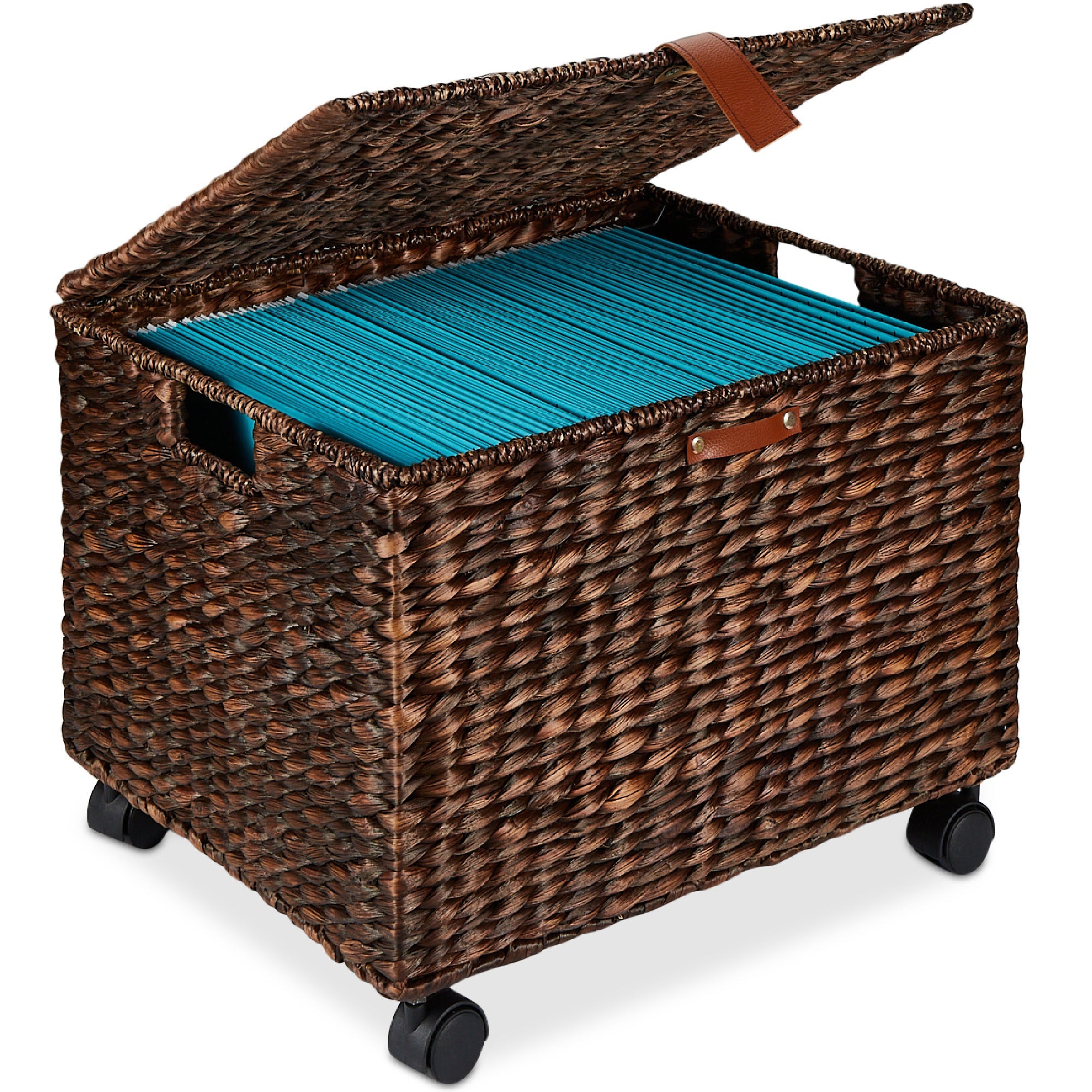 Mobile Water Hyacinth Rolling Filing Cabinet Storage Basket w/ Lid, Wheels - Brown
