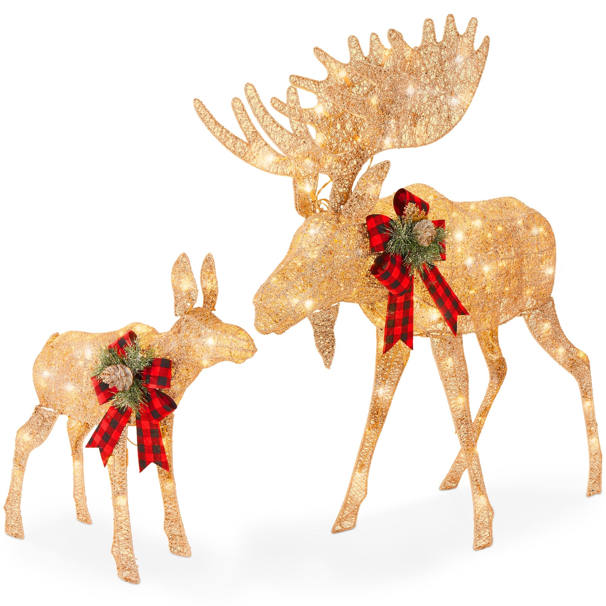 2-Piece Moose Family Lighted Outdoor Christmas Decoration Set w/ LED Lights - Gold