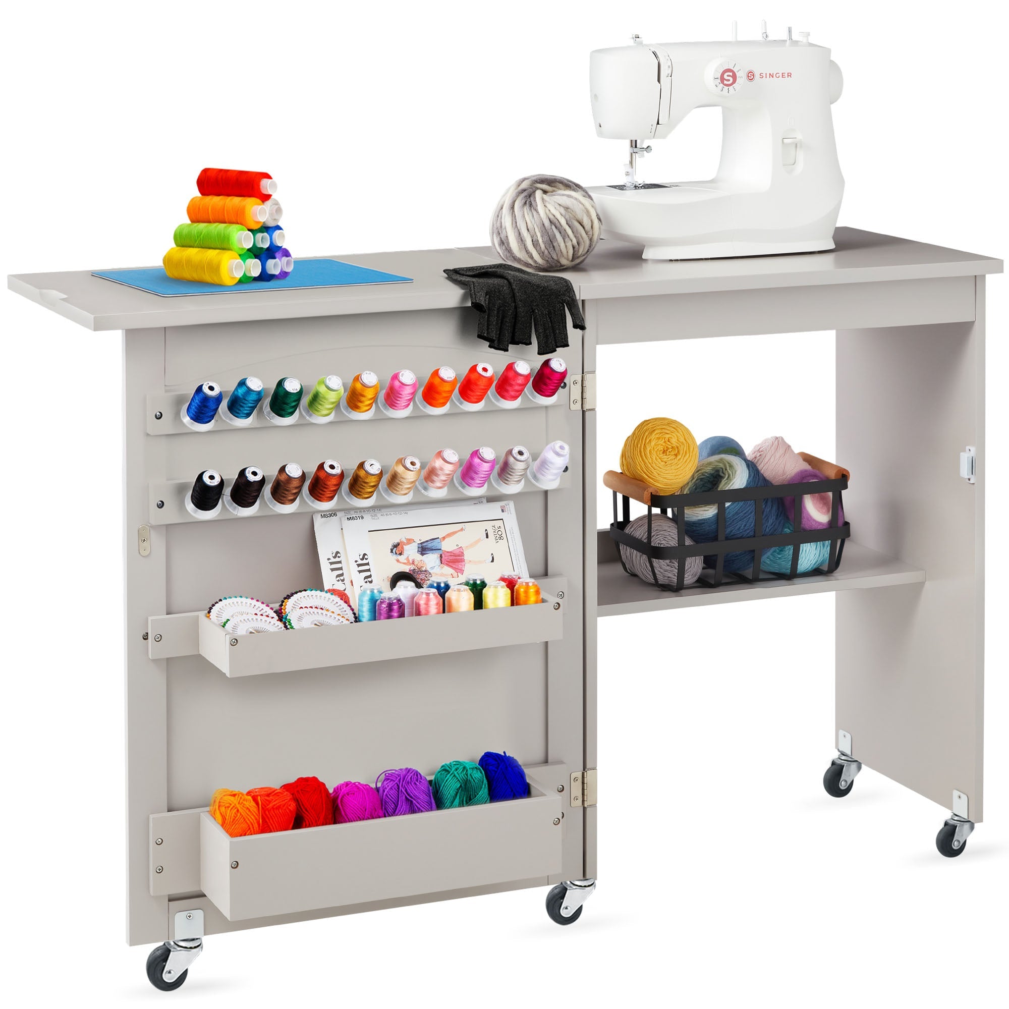 Folding Sewing Table Multipurpose Craft Station & Side Table w/ Wheels - Gray