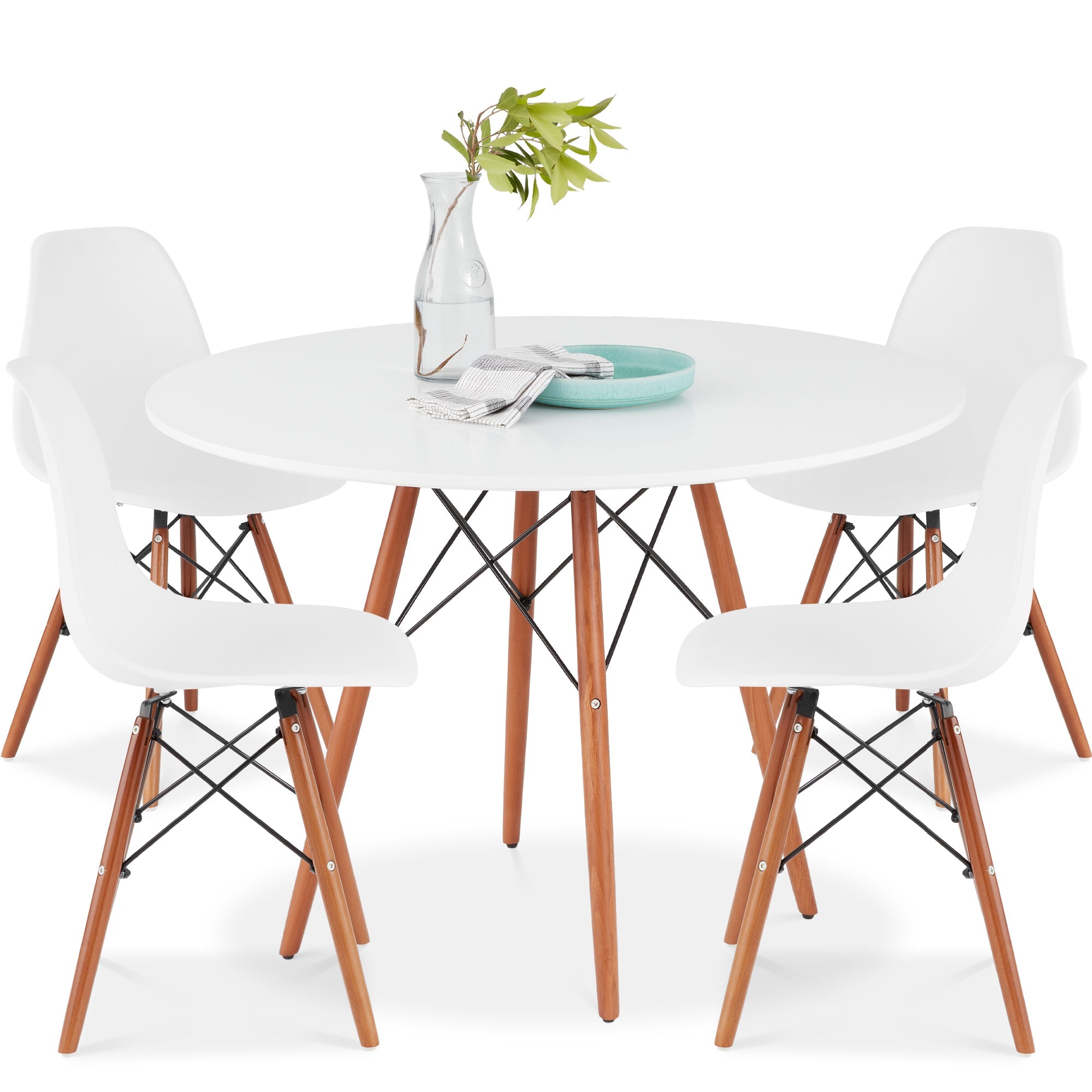 5-Piece Mid-Century Modern Dining Set w/ 4 Chairs, Wooden Legs, Metal Frame - White/Walnut