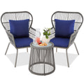 3-Piece Patio Wicker Conversation Bistro Set w/ 2 Chairs, Glass Top Table - Gray/Navy